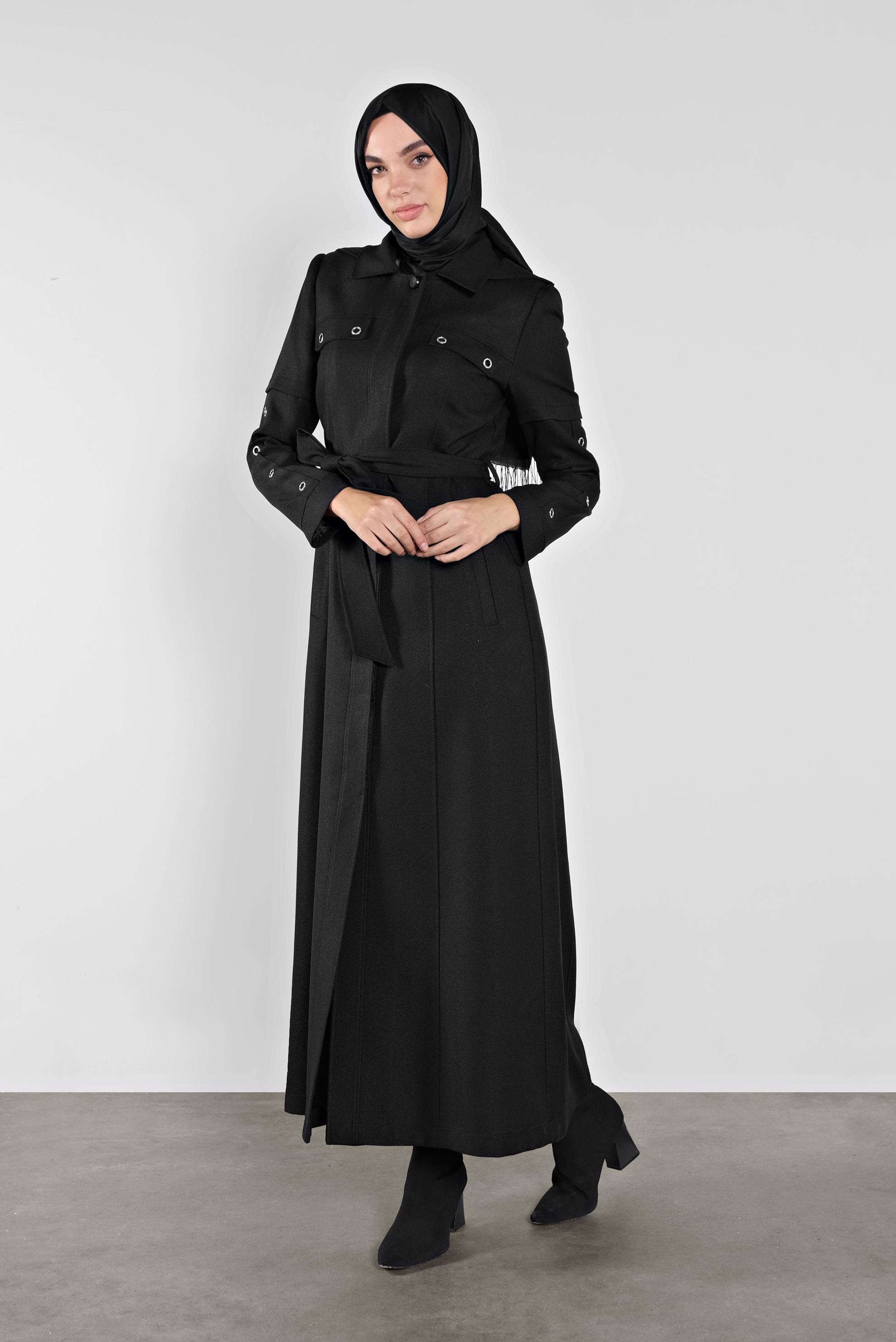 Tesettür giyim SİYAH KUŞGÖZÜ DETAYLI  KUŞAKLI  PARDESÜ 10286 