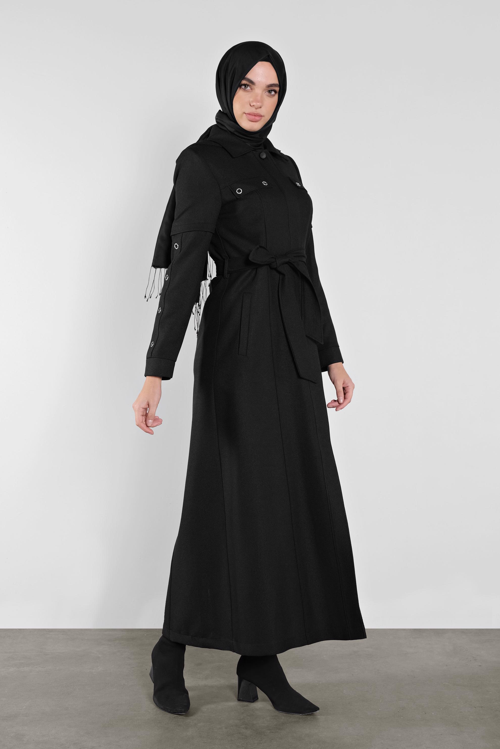 Tesettür giyim SİYAH KUŞGÖZÜ DETAYLI  KUŞAKLI  PARDESÜ 10286 