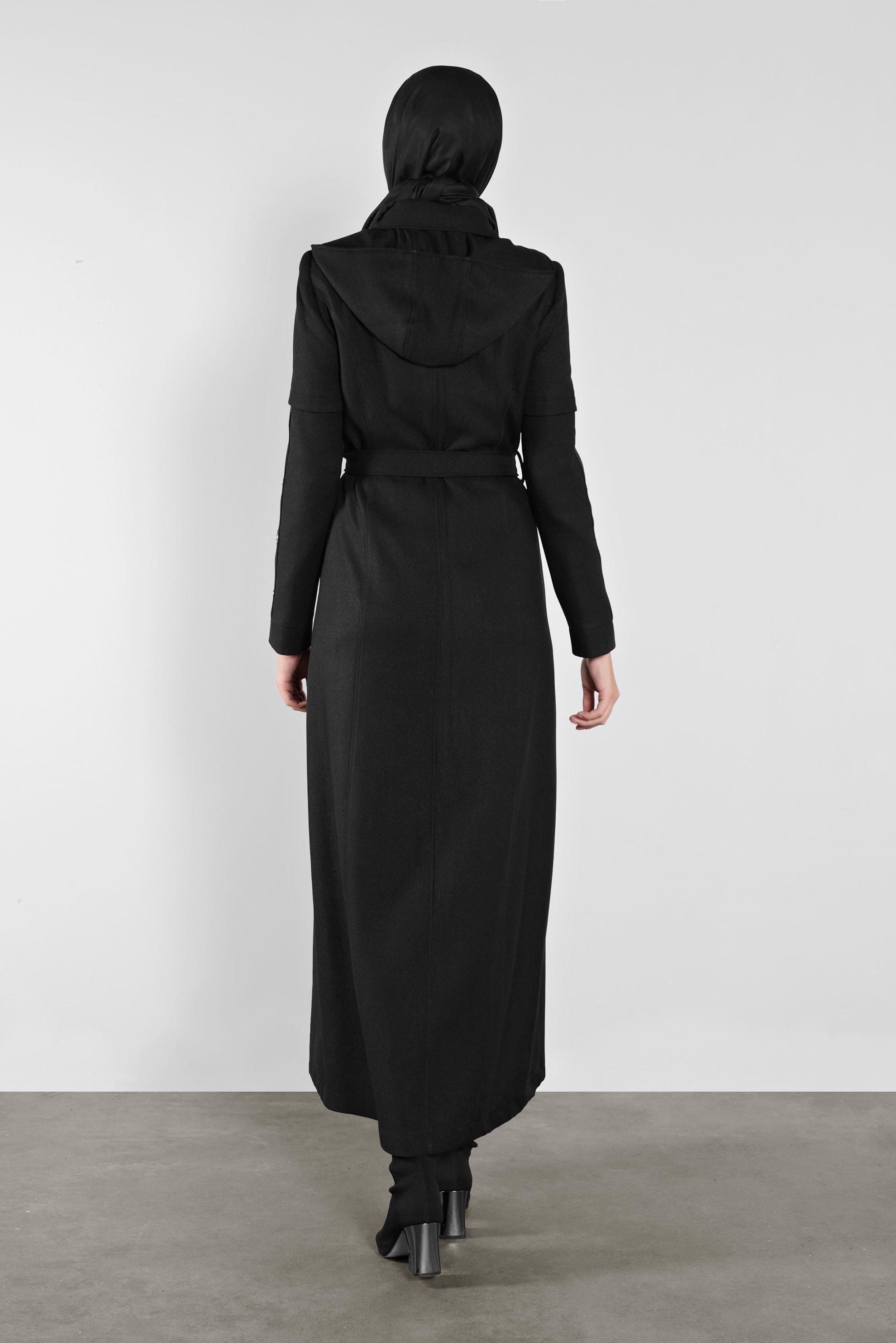 Tesettür giyim SİYAH KUŞGÖZÜ DETAYLI  KUŞAKLI  PARDESÜ 10286 