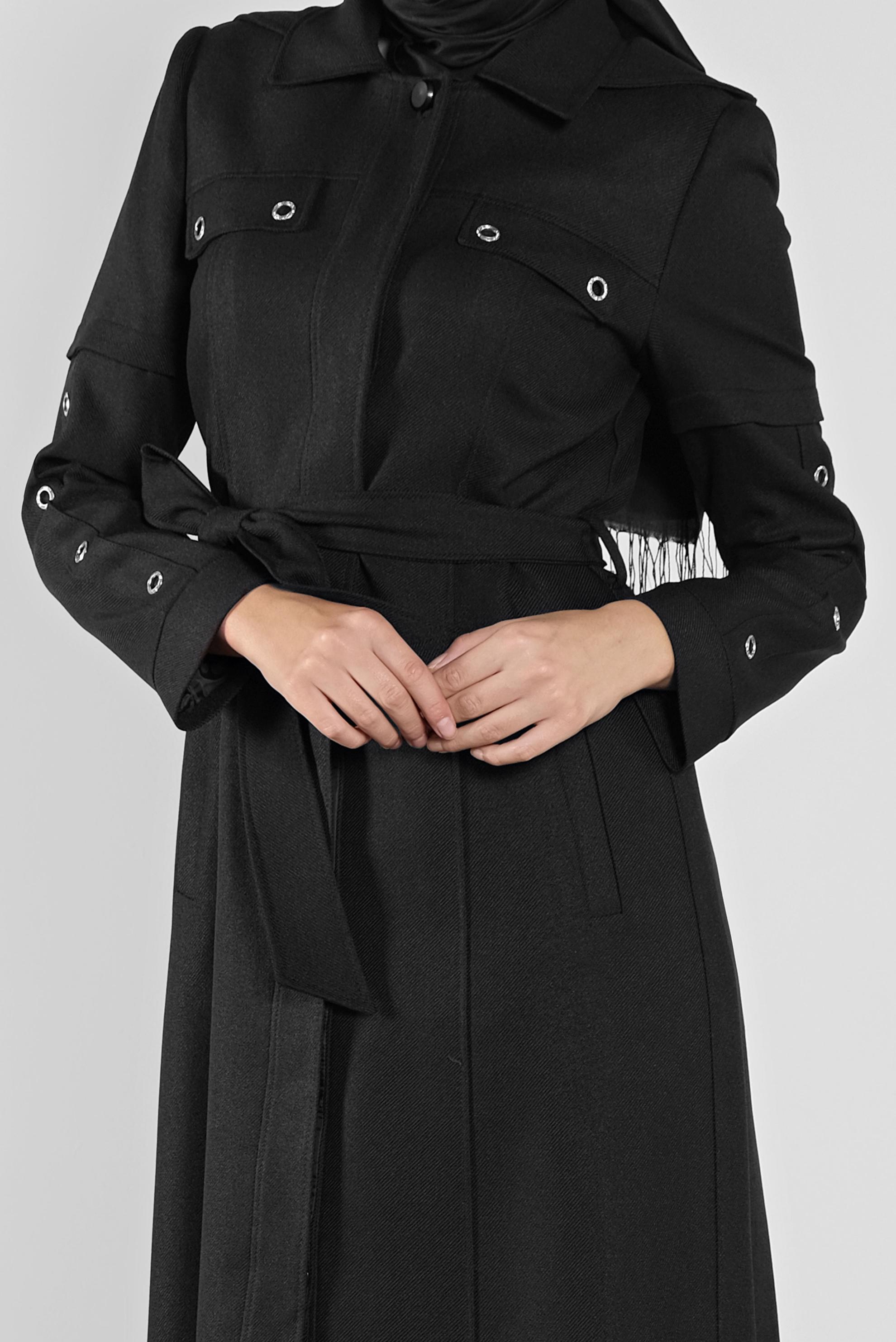 Tesettür giyim SİYAH KUŞGÖZÜ DETAYLI  KUŞAKLI  PARDESÜ 10286 