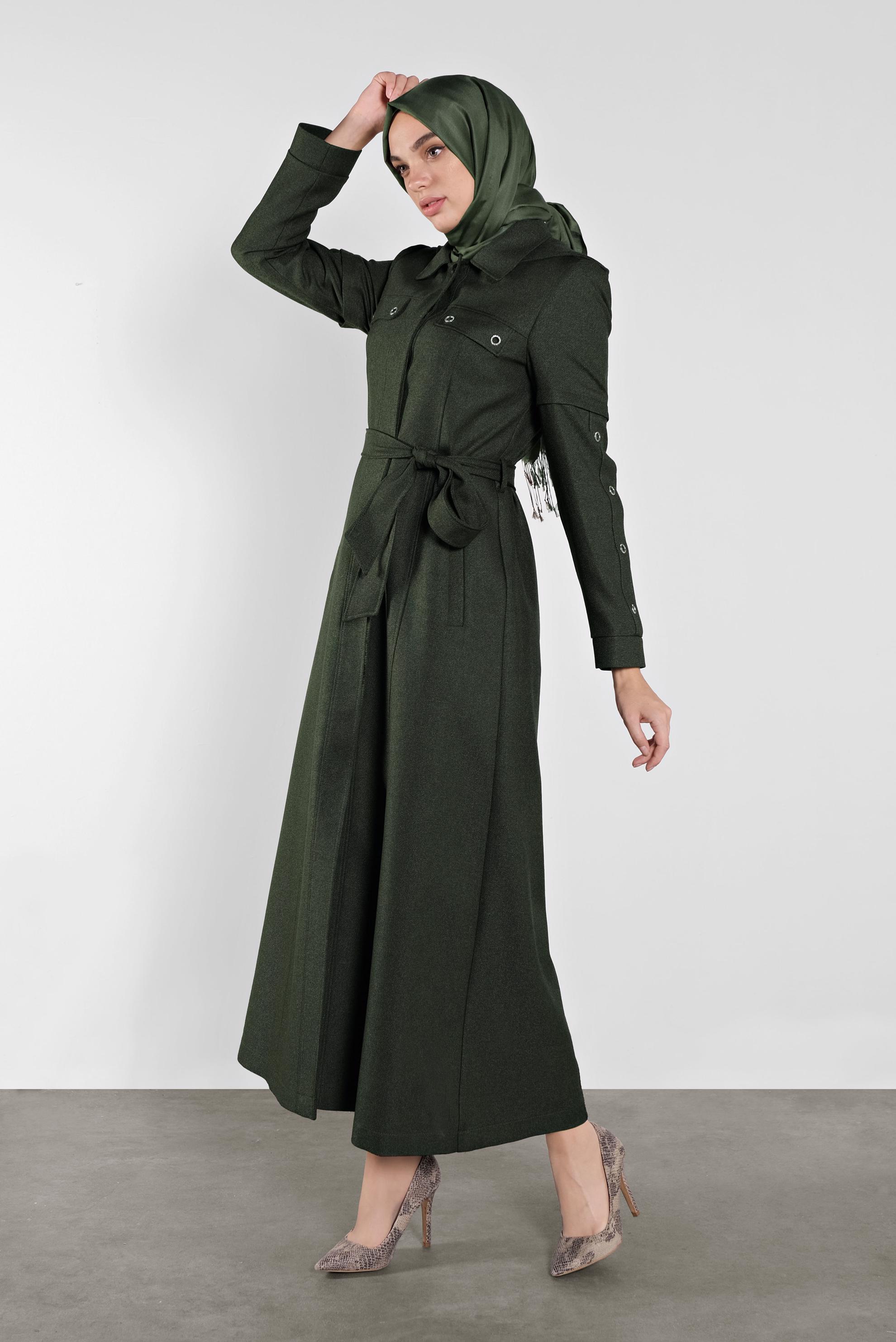 Tesettür giyim HAKİ KUŞGÖZÜ DETAYLI  KUŞAKLI  PARDESÜ 10286 