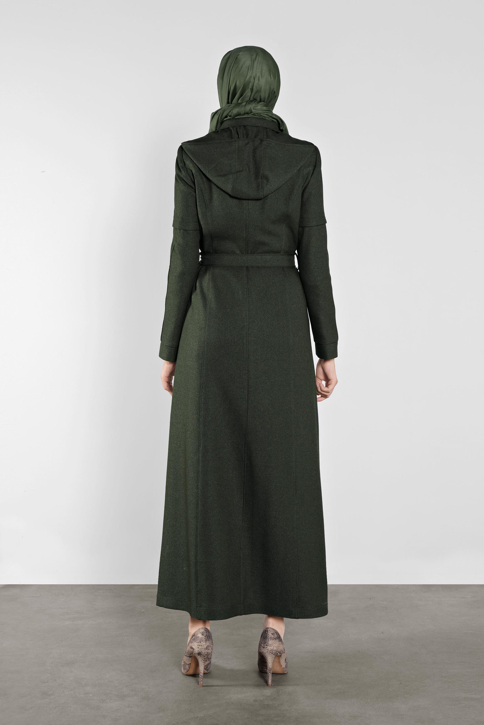 Tesettür giyim HAKİ KUŞGÖZÜ DETAYLI  KUŞAKLI  PARDESÜ 10286 