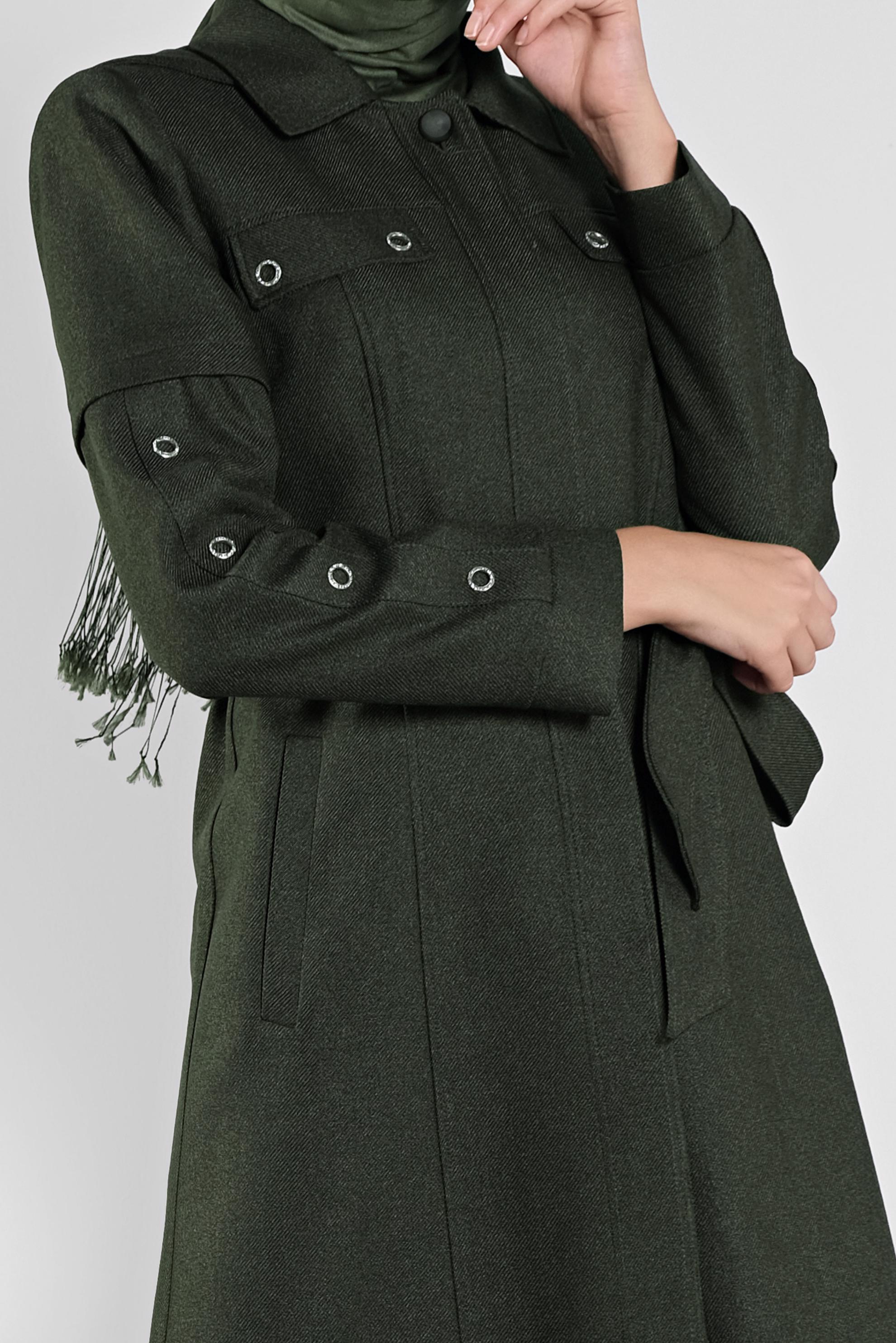 Tesettür giyim HAKİ KUŞGÖZÜ DETAYLI  KUŞAKLI  PARDESÜ 10286 