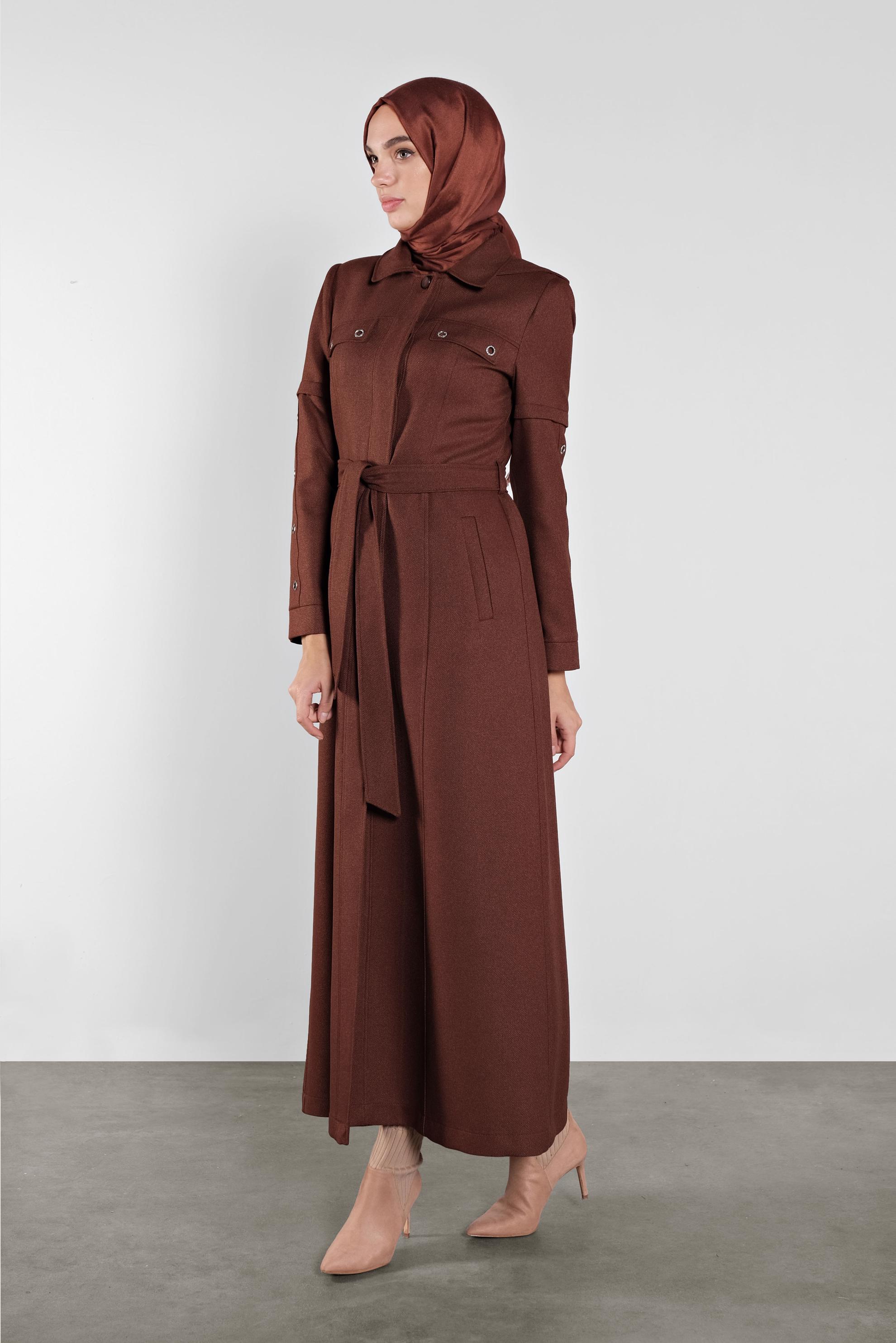 Tesettür giyim KAHVE KUŞGÖZÜ DETAYLI  KUŞAKLI  PARDESÜ 10286 