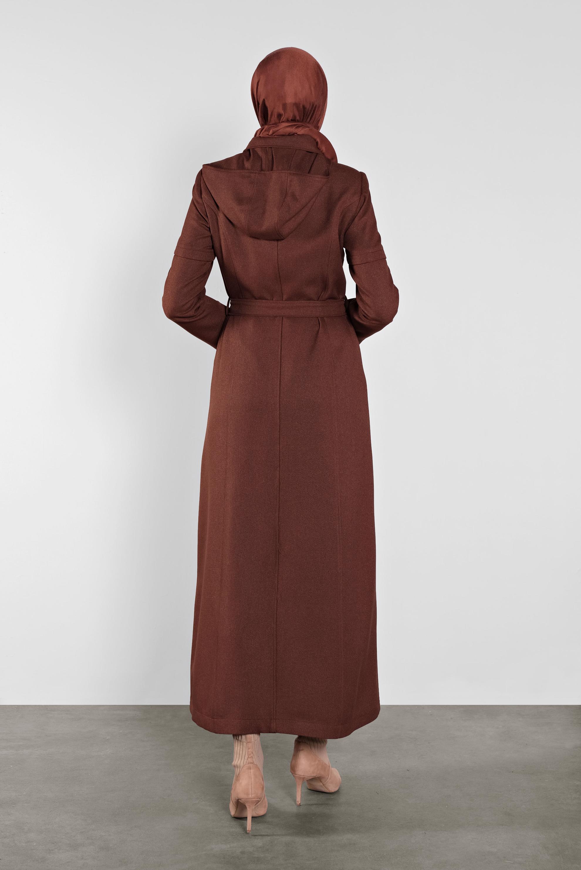 Tesettür giyim KAHVE KUŞGÖZÜ DETAYLI  KUŞAKLI  PARDESÜ 10286 