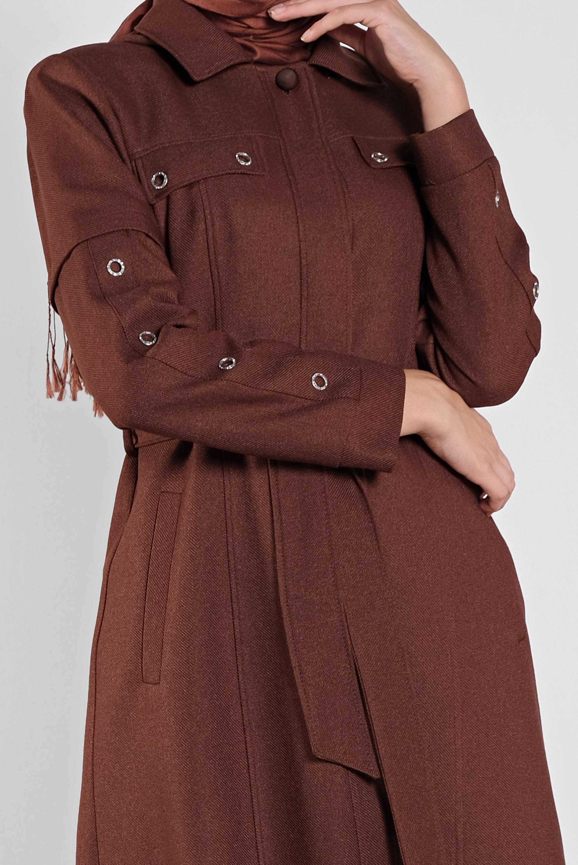 Tesettür giyim KAHVE KUŞGÖZÜ DETAYLI  KUŞAKLI  PARDESÜ 10286 