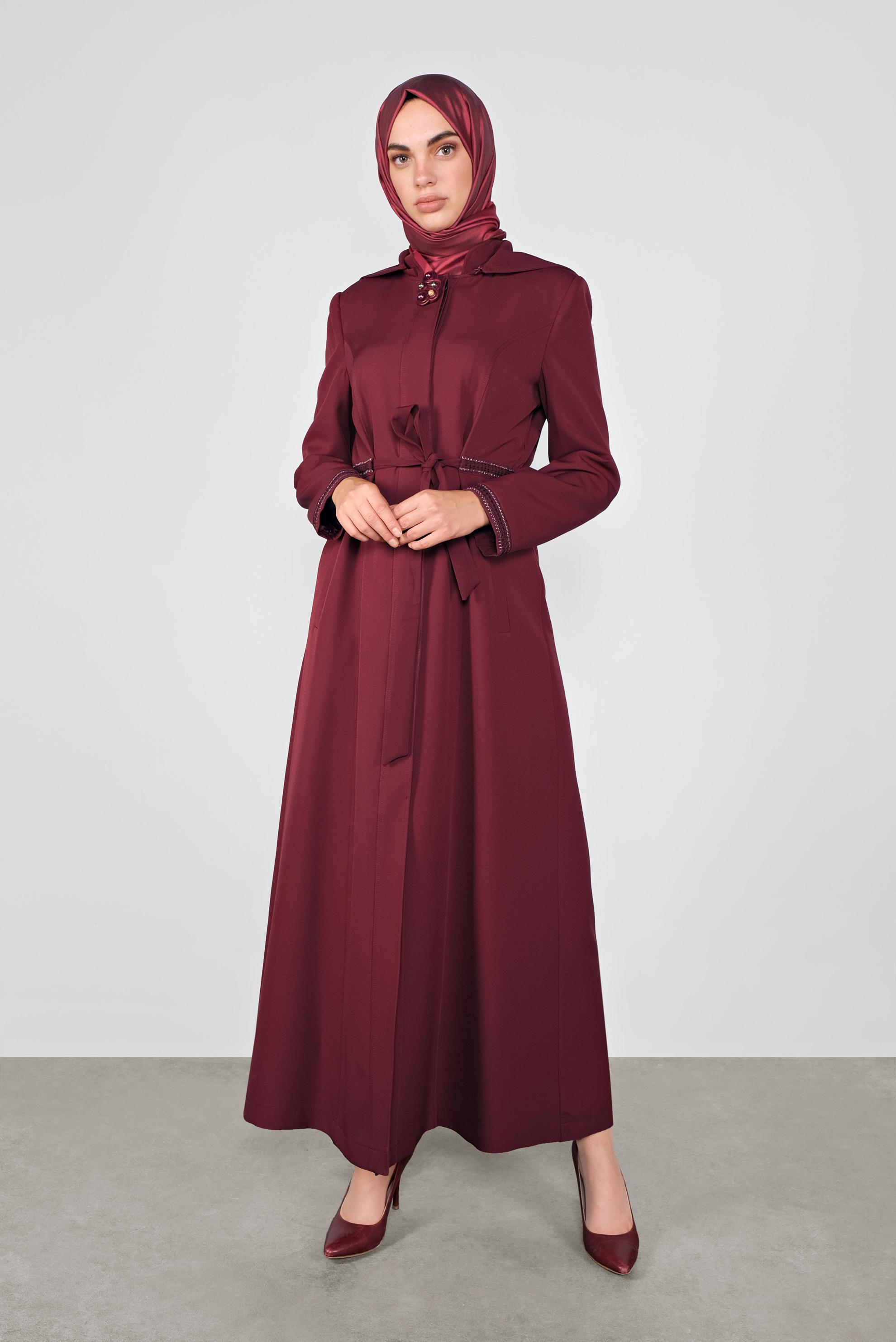 Hijab clothing CLARET RED EMBROIDERED TOPCOAT 10295 