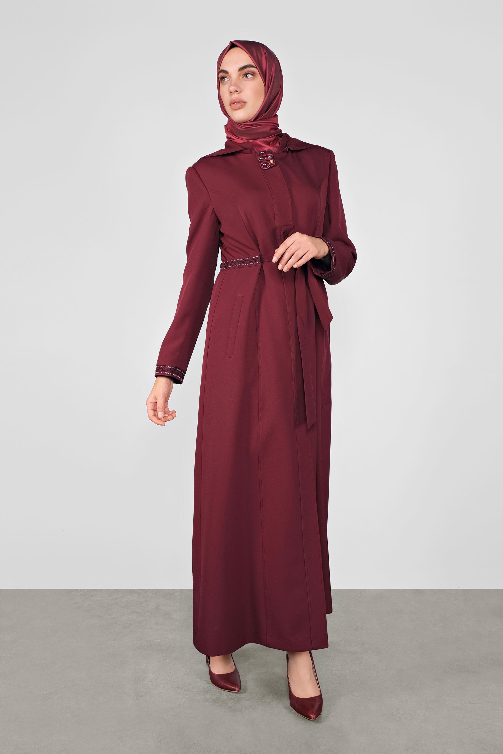 Hijab clothing CLARET RED EMBROIDERED TOPCOAT 10295 