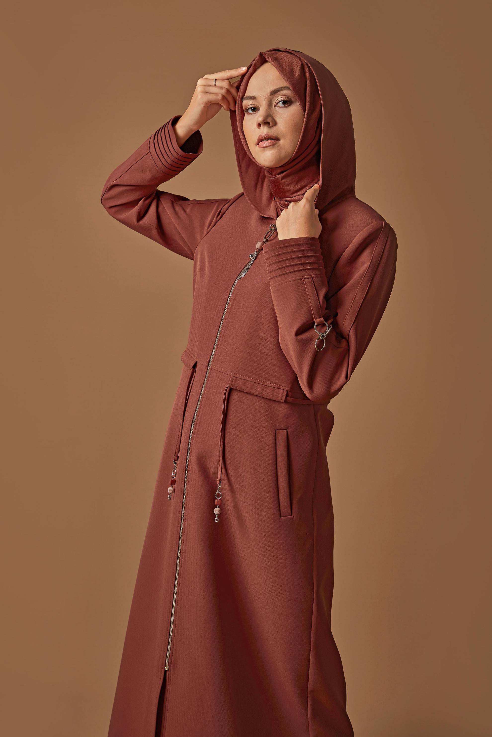 Tesettür giyim TURUNCU FERMUARLI KAPÜŞONLU PARDESÜ 10296 