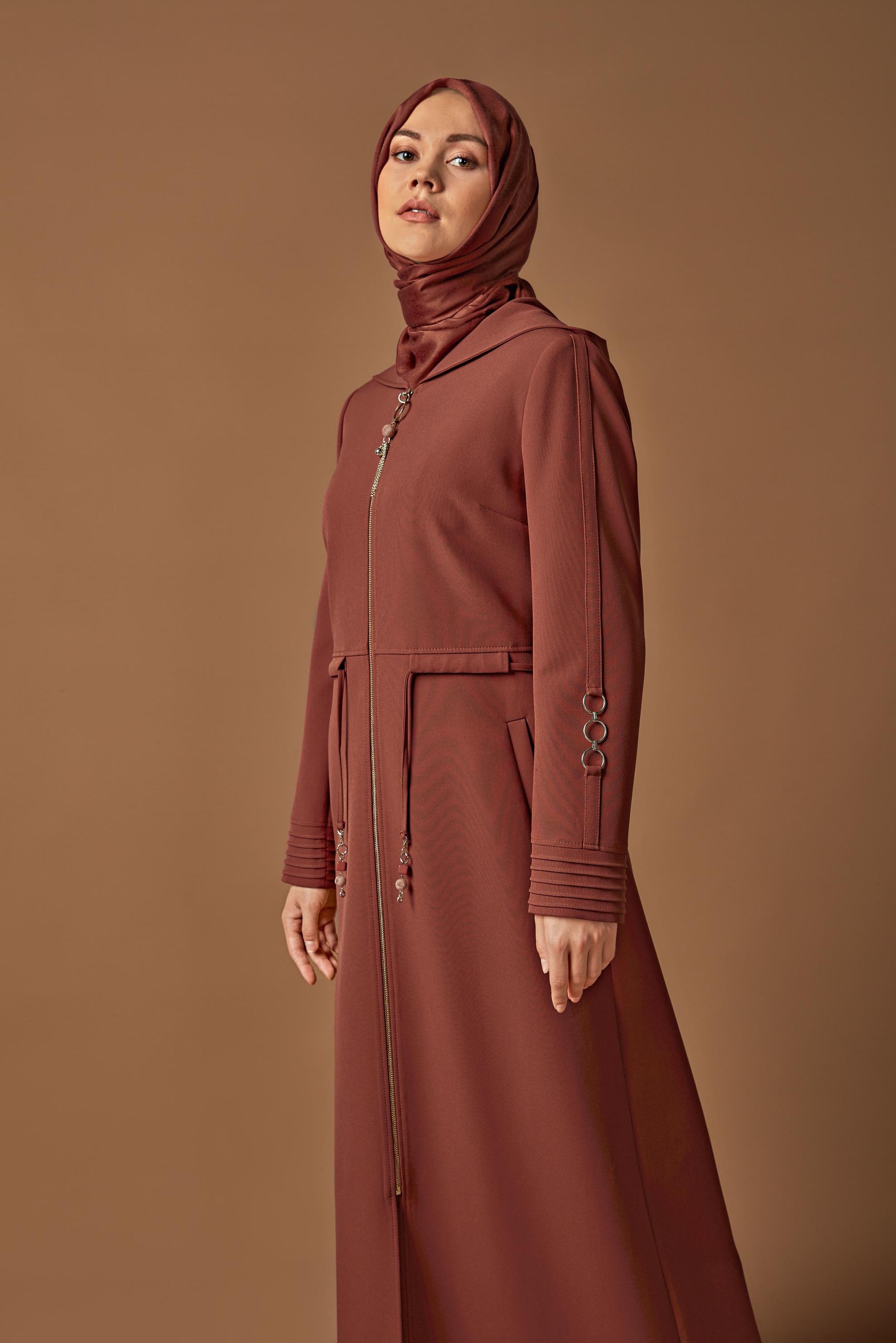 Tesettür giyim TURUNCU FERMUARLI KAPÜŞONLU PARDESÜ 10296 