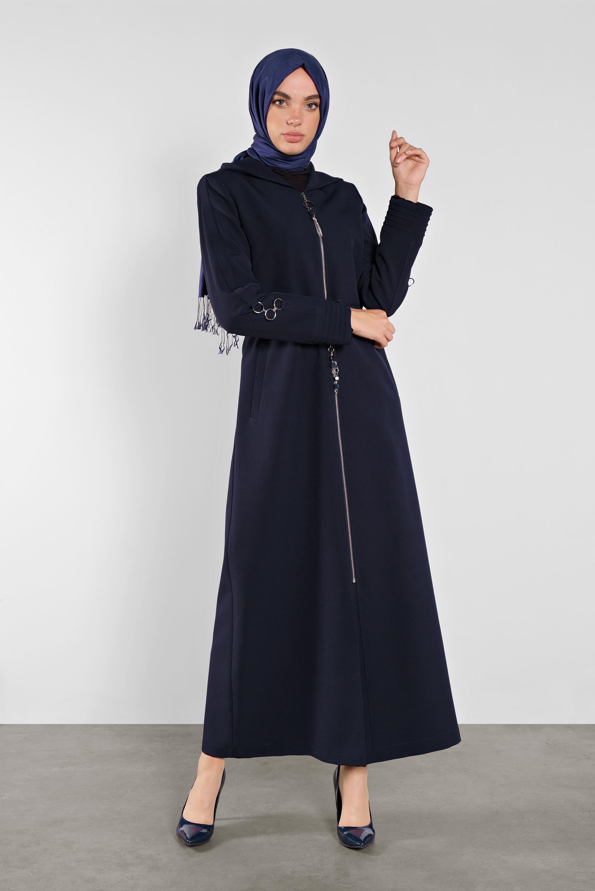 Tesettür giyim LACİVERT FERMUARLI KAPÜŞONLU PARDESÜ 10296 