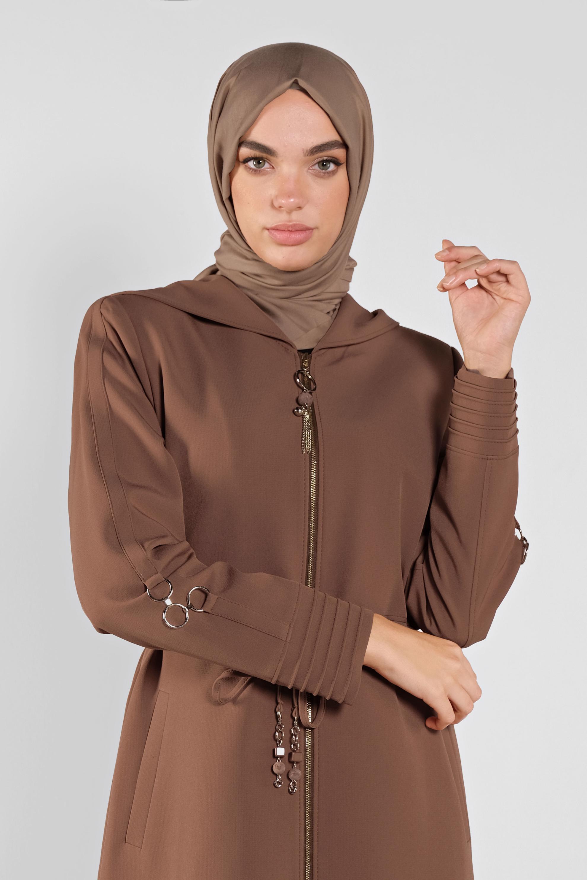 Tesettür giyim TABA FERMUARLI KAPÜŞONLU PARDESÜ 10296 