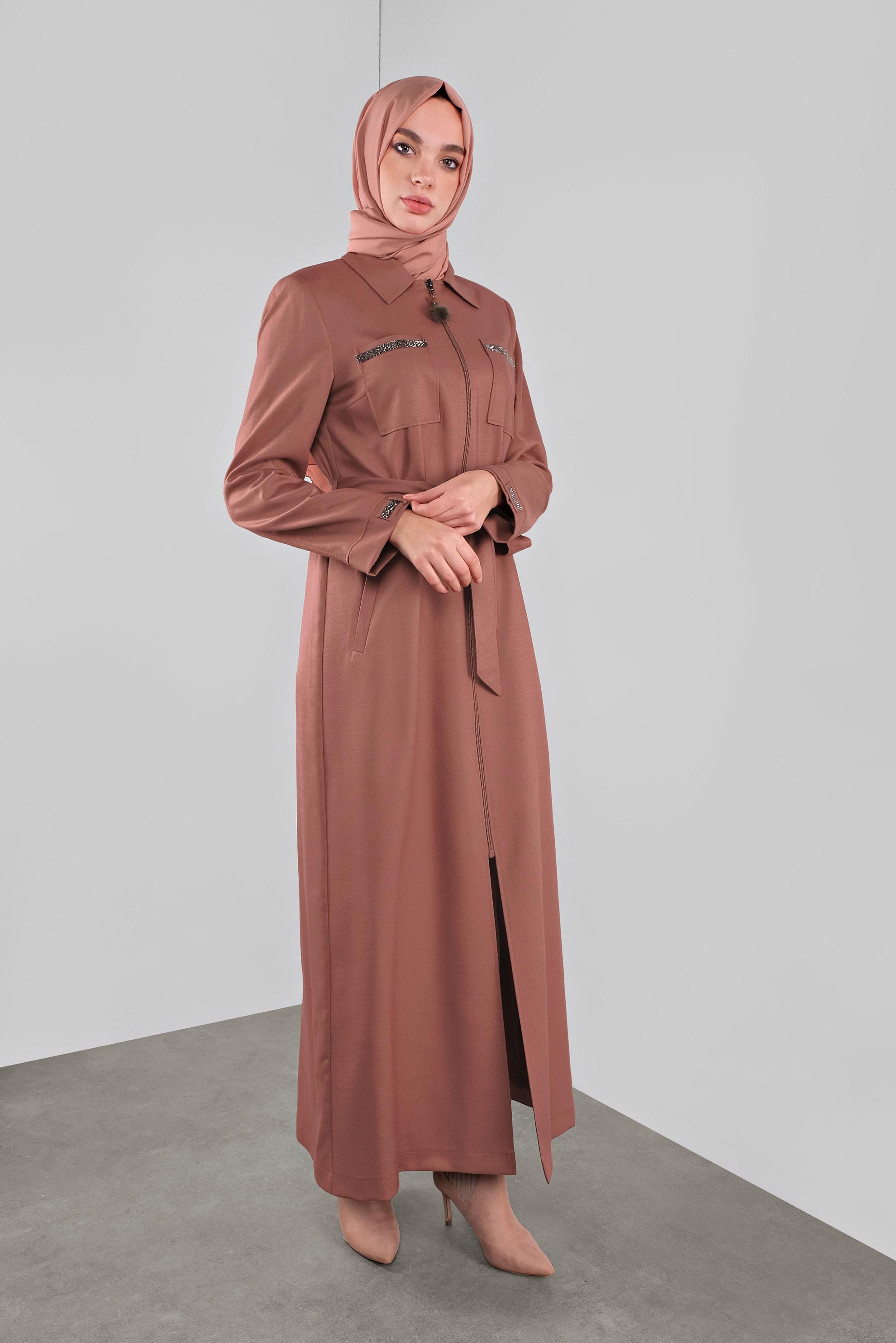 Tesettür giyim TURUNCU TAŞ BASKILI CEPLİ PARDESÜ 10300 