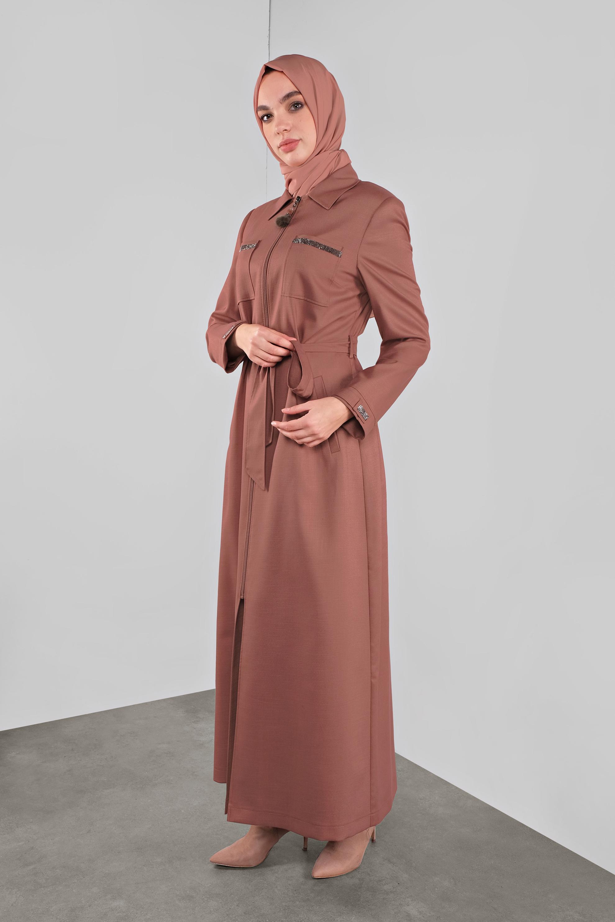 Tesettür giyim TURUNCU TAŞ BASKILI CEPLİ PARDESÜ 10300 