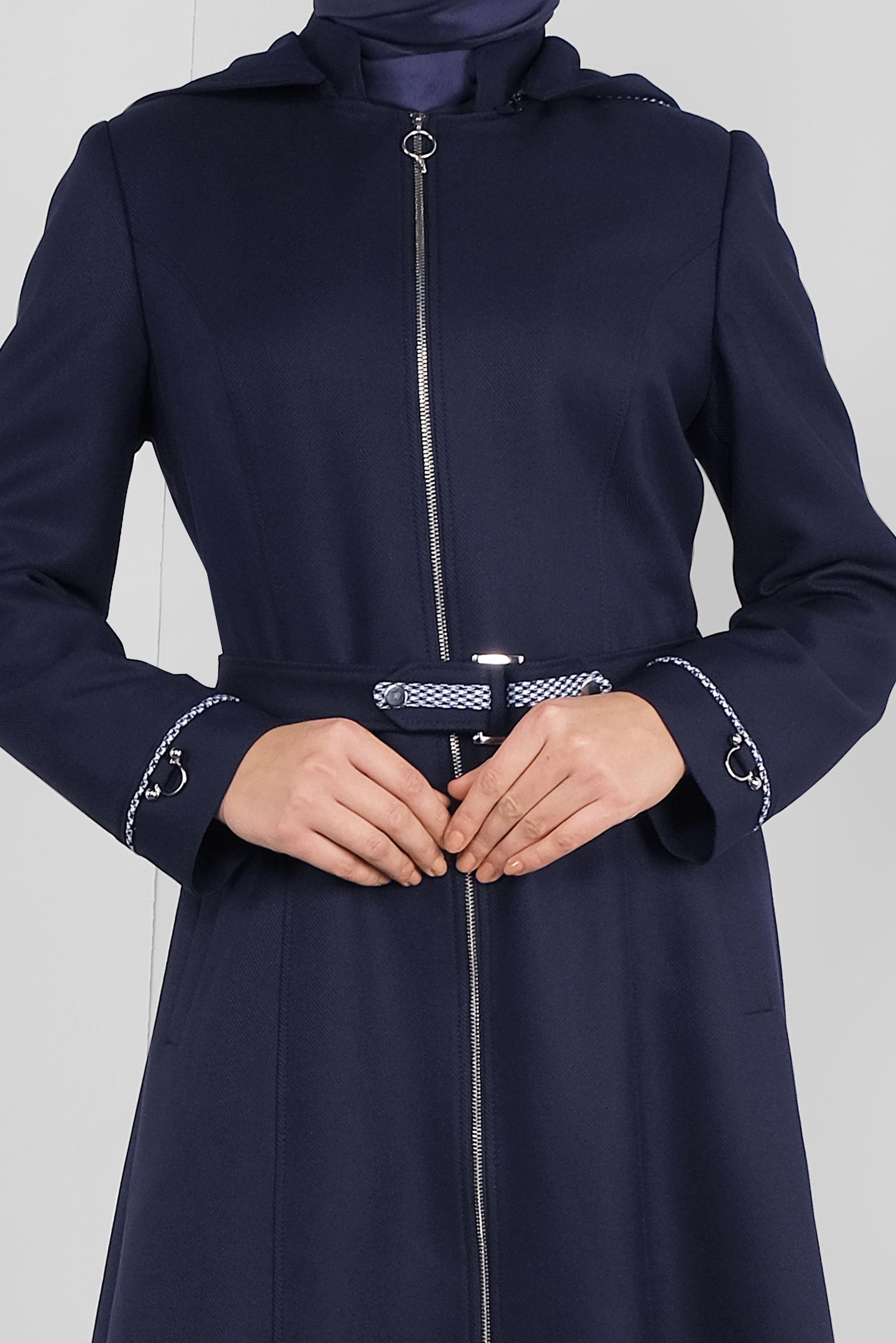 Tesettür giyim LACİVERT KAPÜŞONLU FERMUARI METAL AKSESUARLI PARDESÜ 10302 