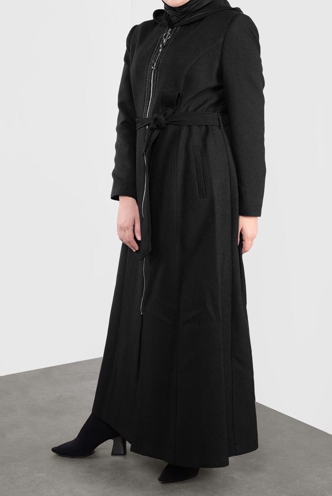 Vêtements hijab NOIR PARDESSUS ZIPPÉ À CAPUCHE 10309  - ALVİNA