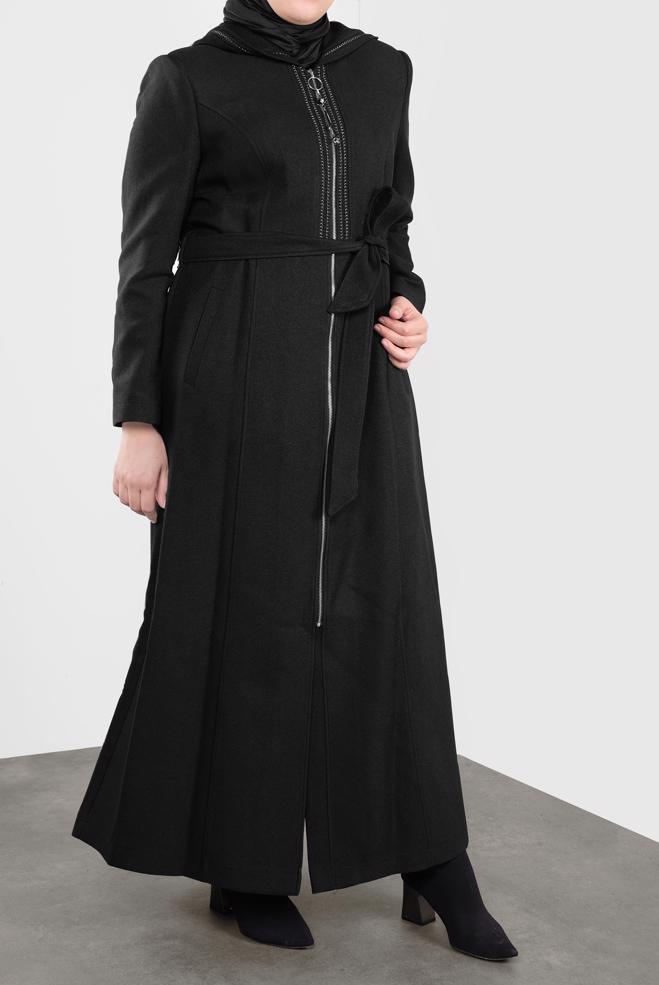 Vêtements hijab NOIR PARDESSUS ZIPPÉ À CAPUCHE 10309  - ALVİNA