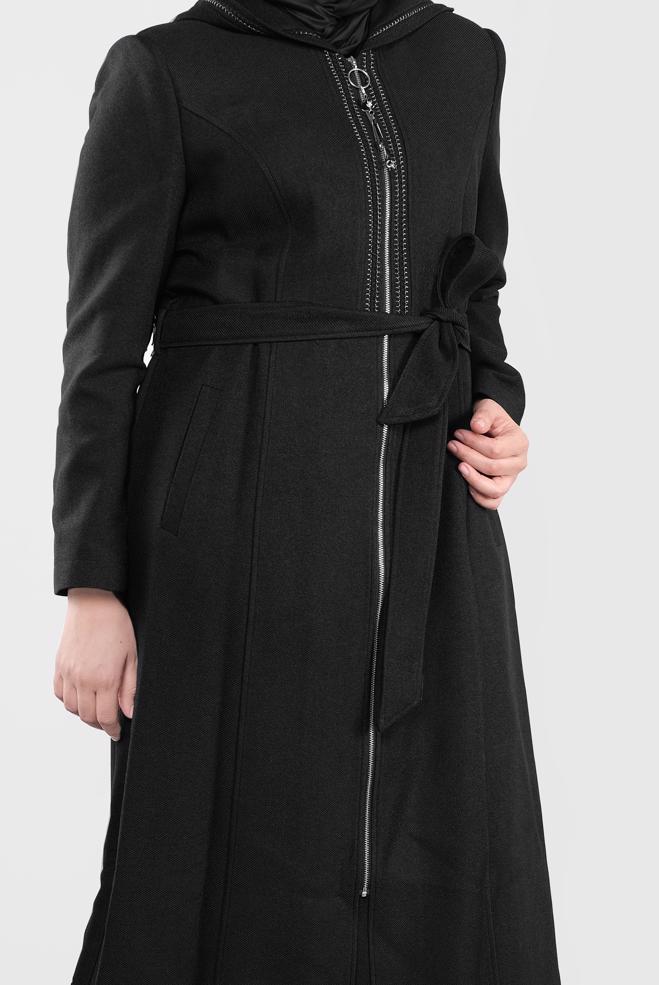 Vêtements hijab NOIR PARDESSUS ZIPPÉ À CAPUCHE 10309  - ALVİNA