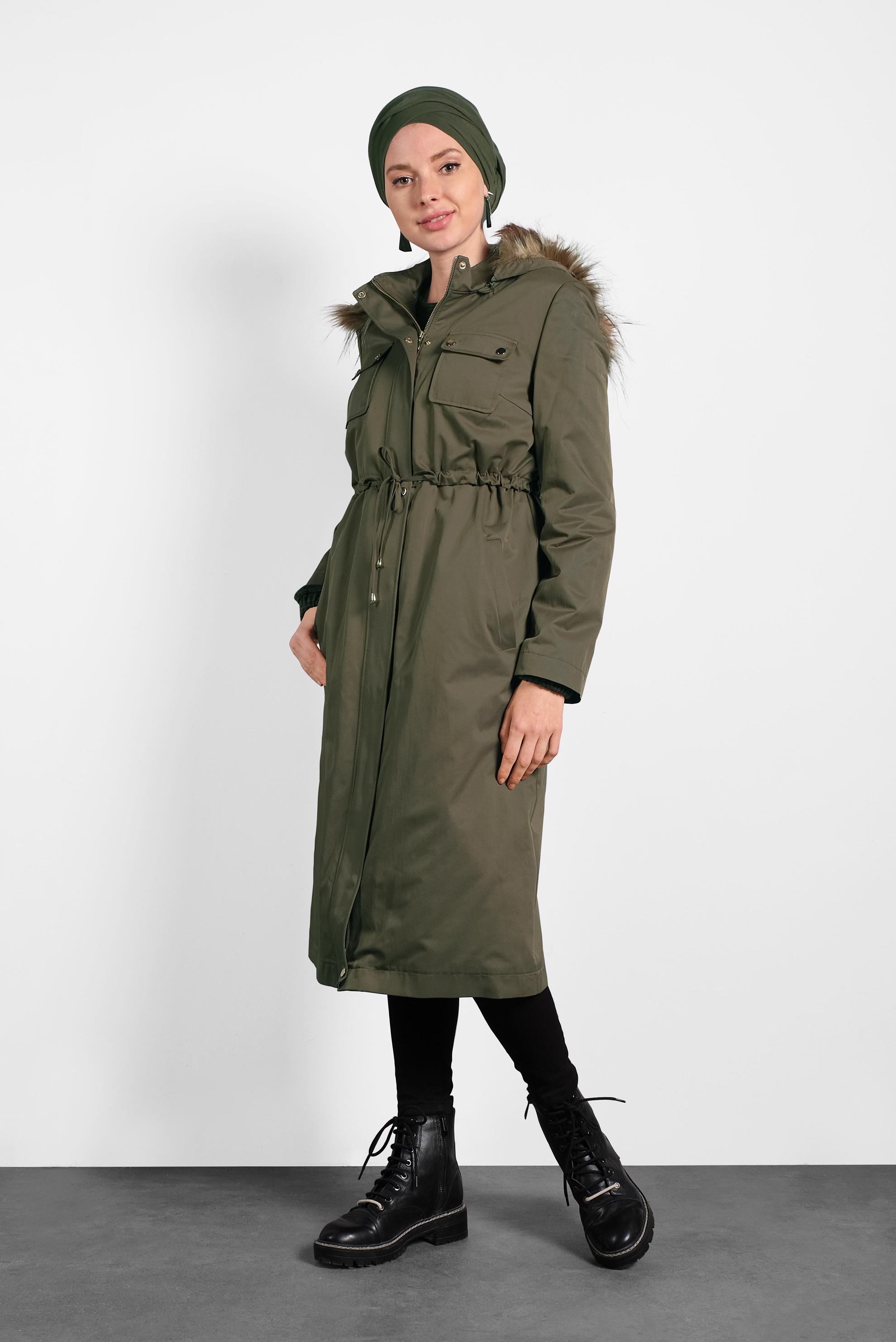 Hijab clothing KHAKI HOODED SMOCKED-WAIST COAT 90001 