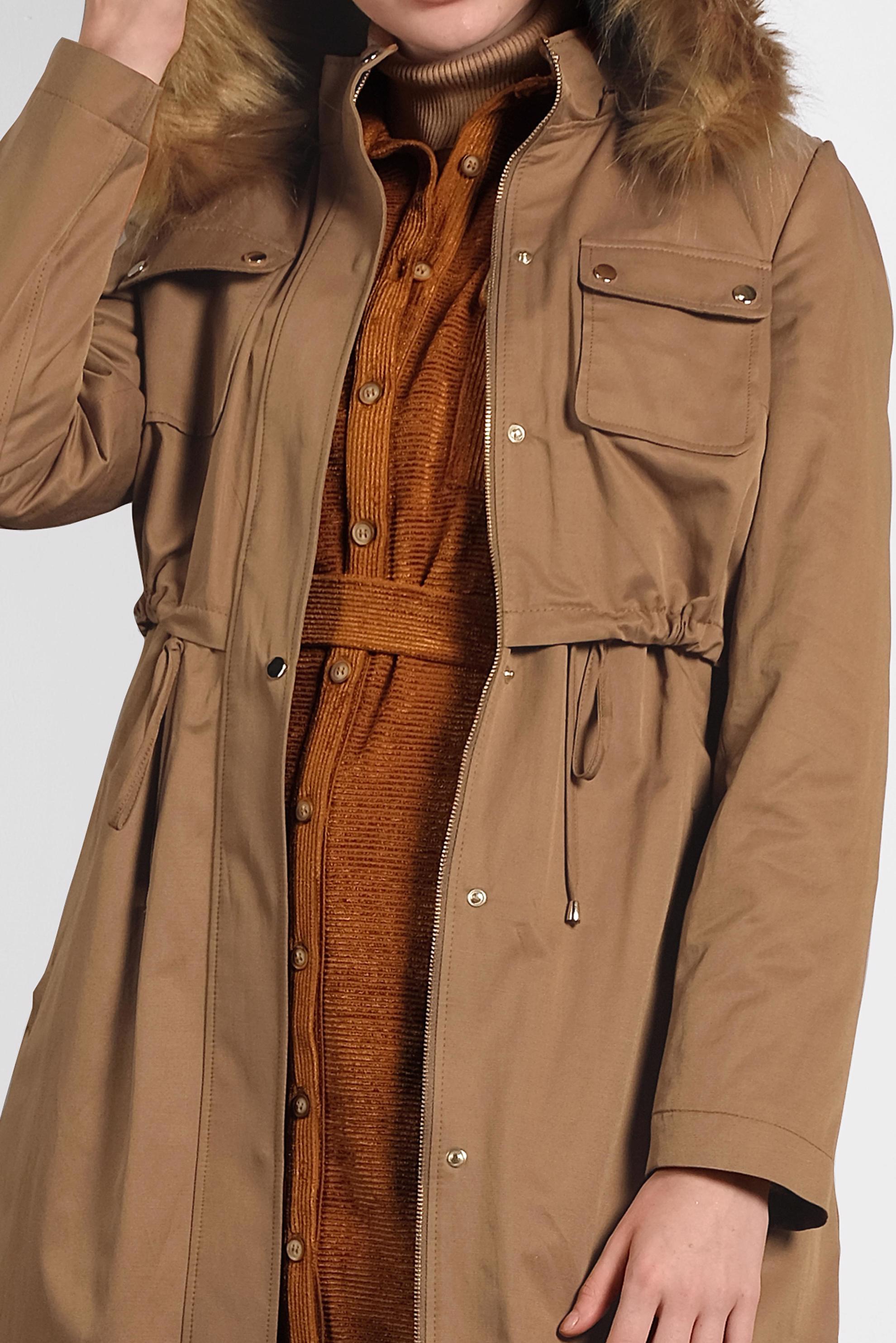 Tesettür giyim TABA BELDEN BÜZGÜLÜ KAPÜŞONLU PARKA 90001 