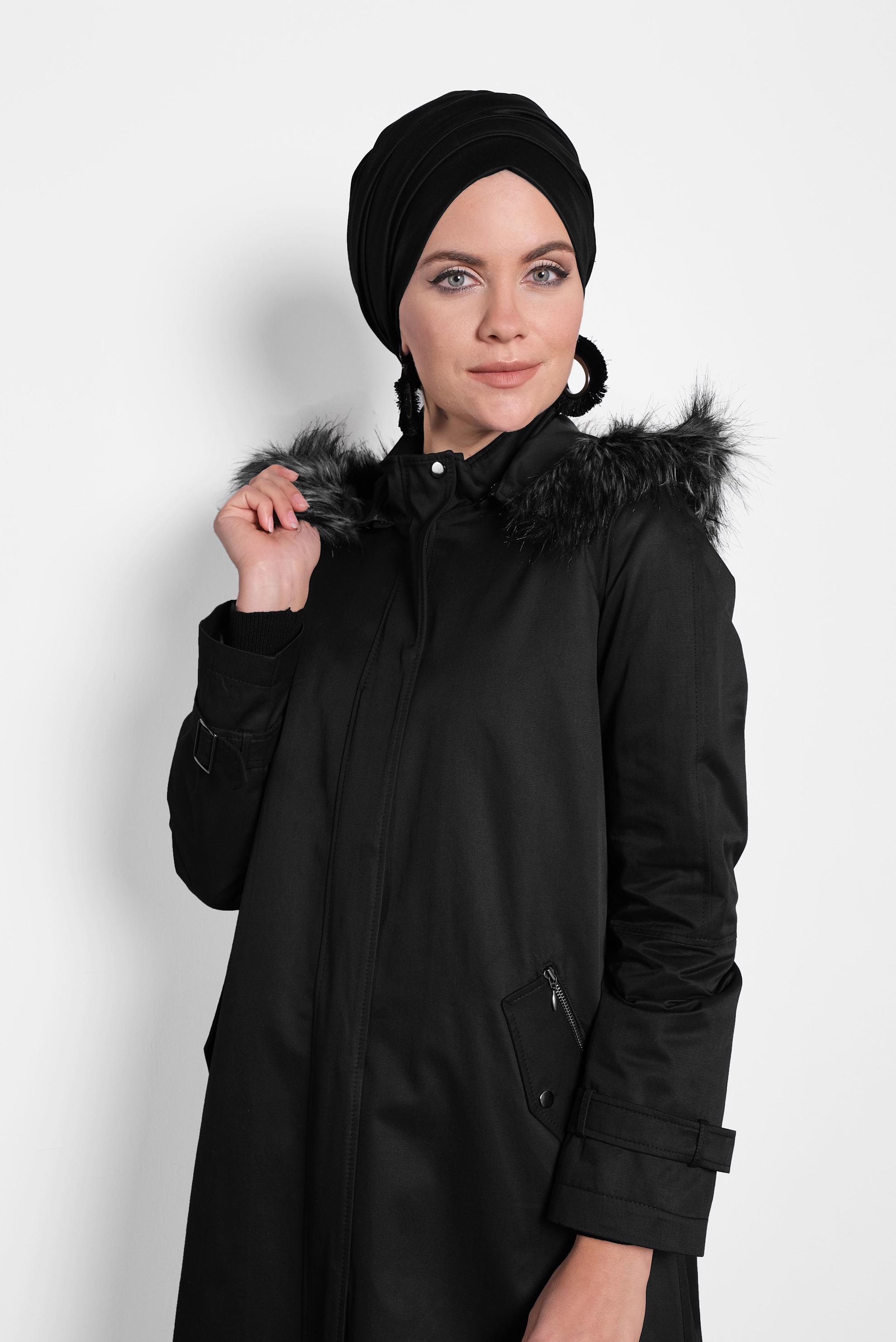 Tesettür giyim SİYAH KAPÜŞONLU PARKA 90002