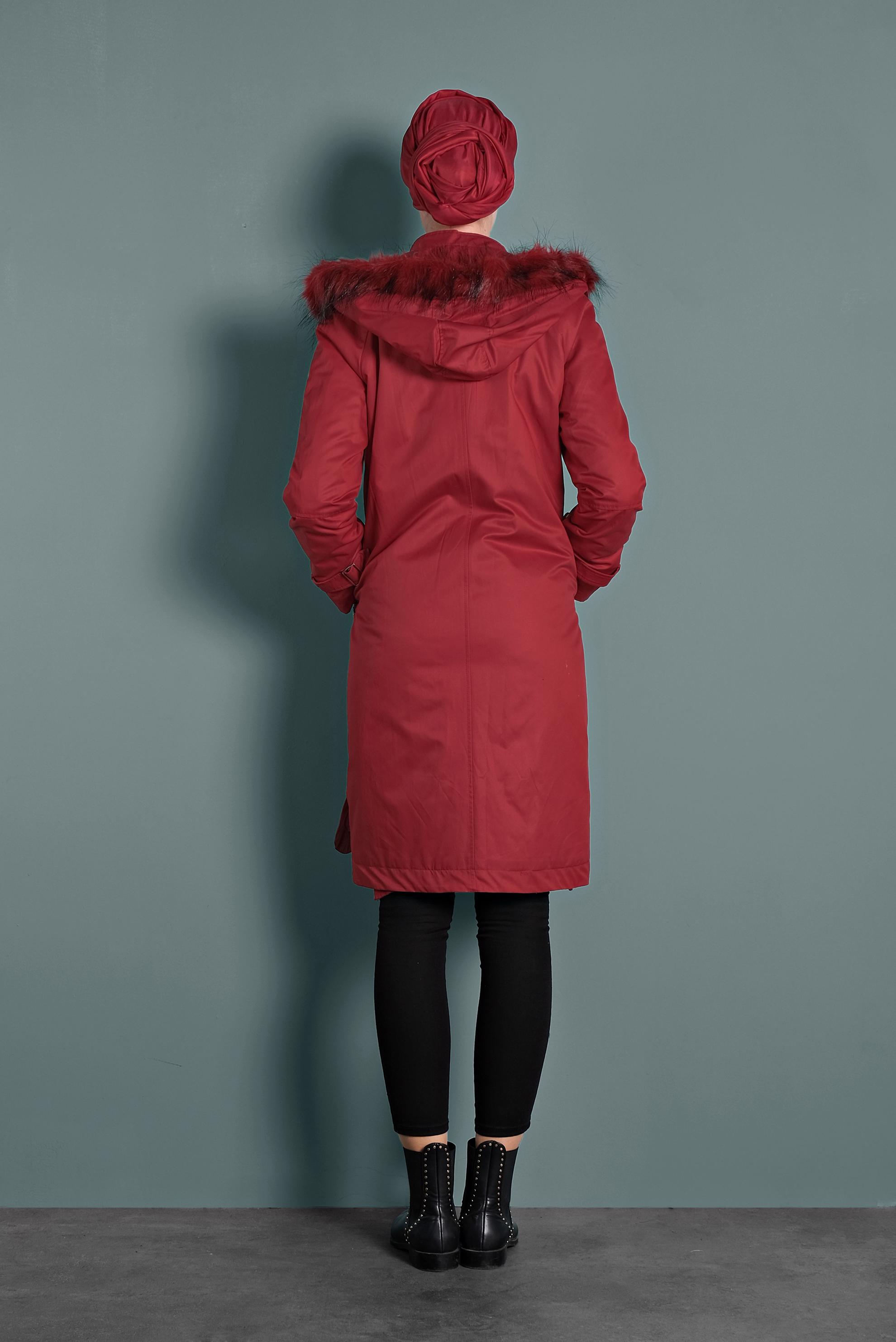 Tesettür giyim KIRMIZI KAPÜŞONLU PARKA 90002