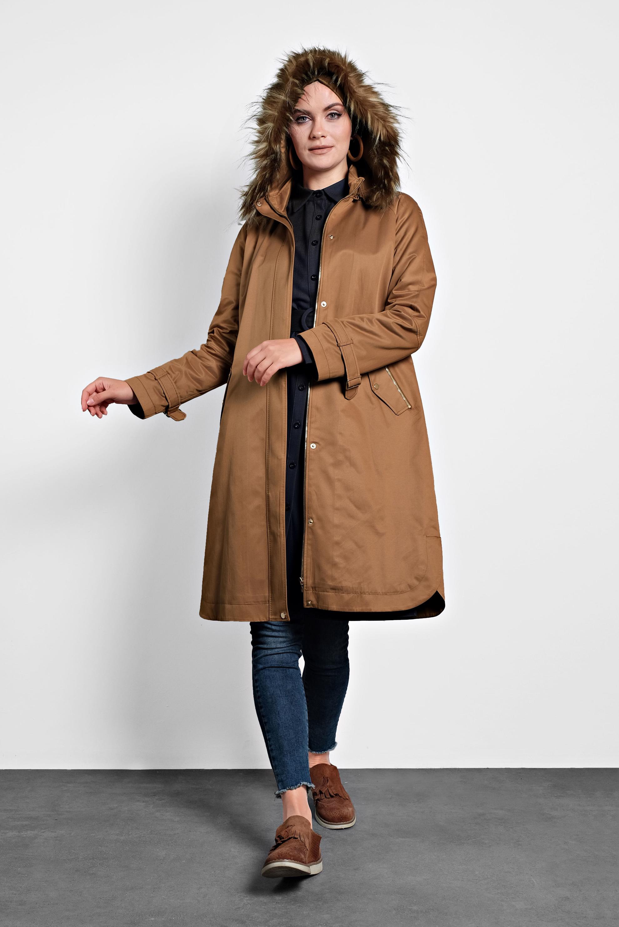 Tesettür giyim TABA KAPÜŞONLU PARKA 90002