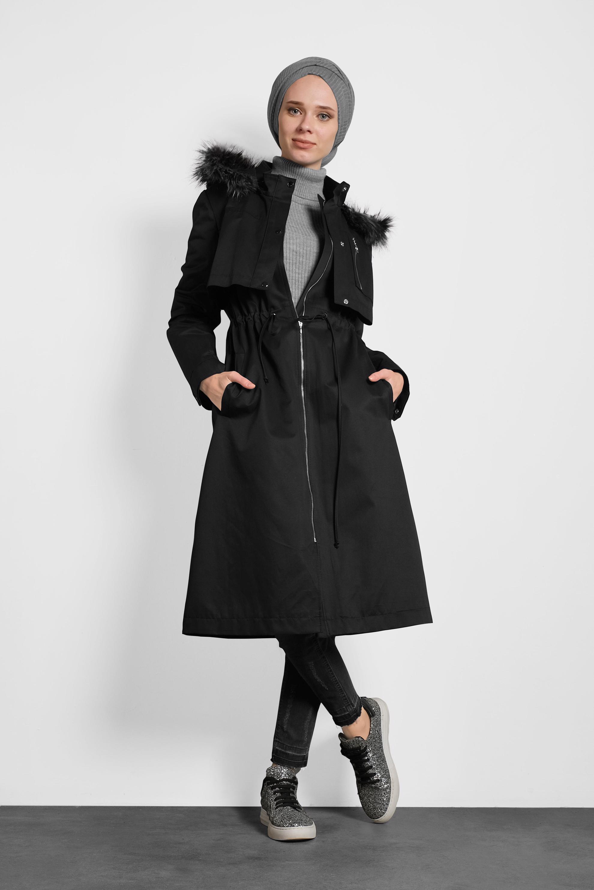 Tesettür giyim SİYAH BEL BÜZGÜLÜ KAPÜŞONLU PARKA 90004