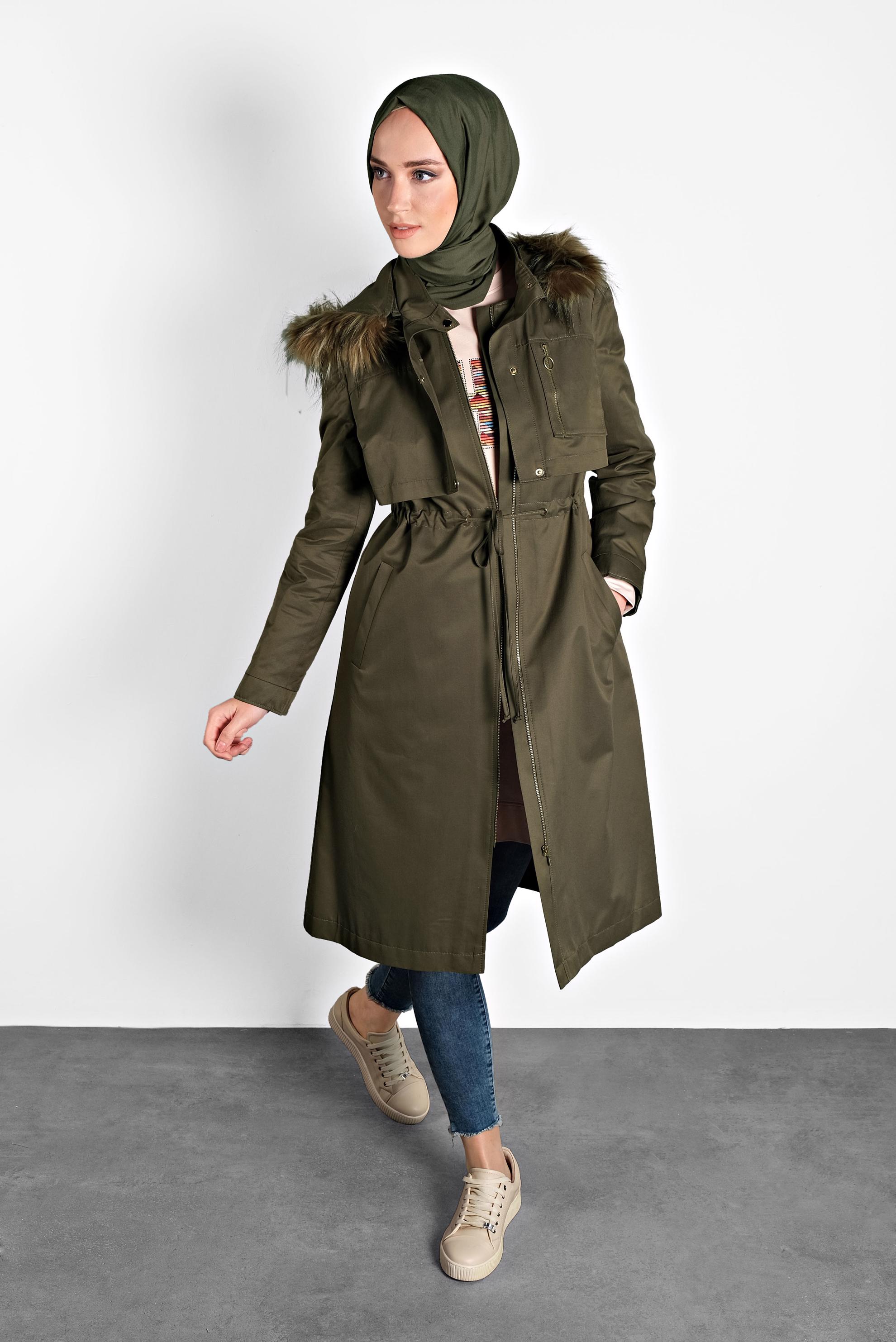 Tesettür giyim HAKİ BEL BÜZGÜLÜ KAPÜŞONLU PARKA 90004