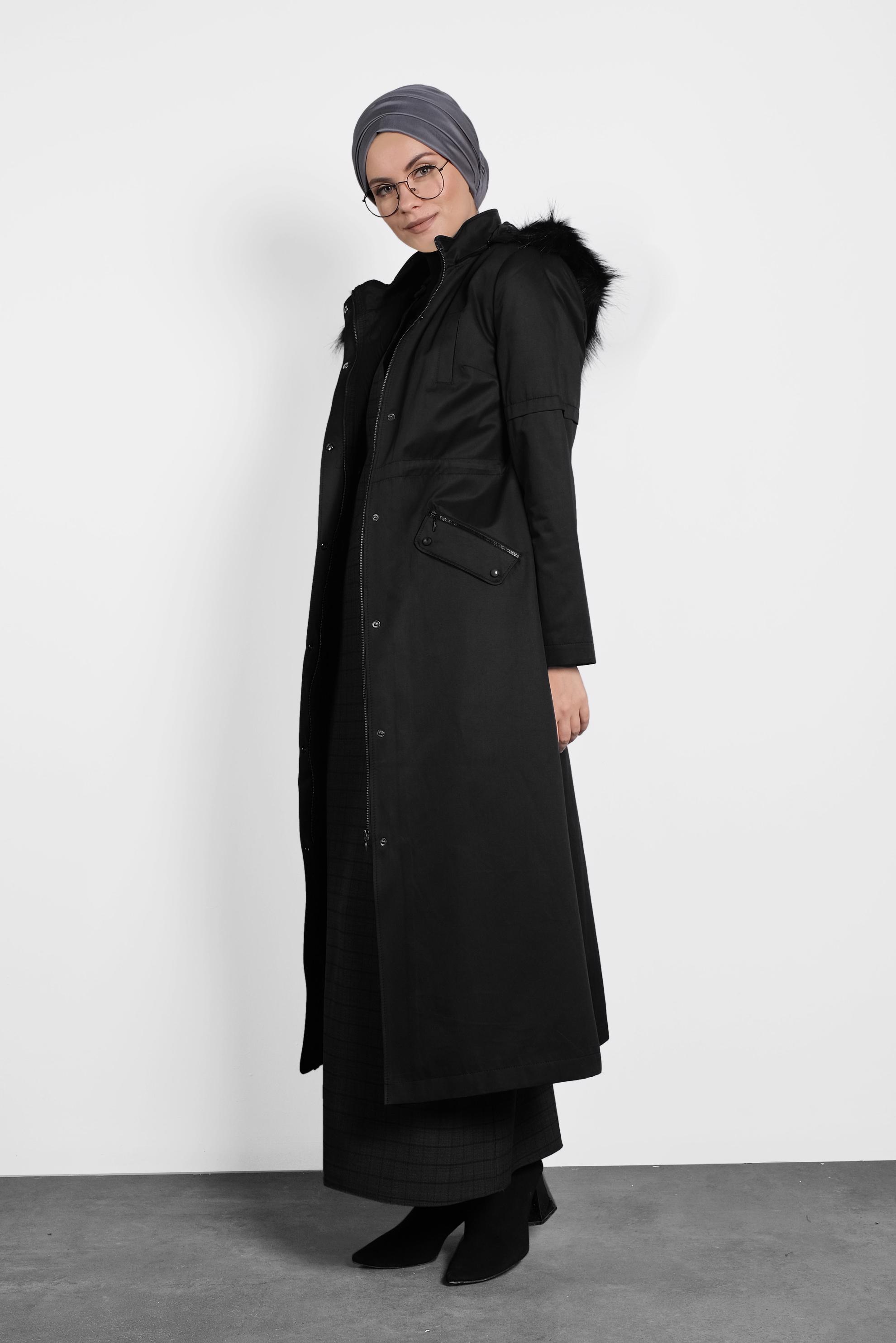 Tesettür giyim SİYAH ÇITÇITLI VE FERMUARLI KÜRKLÜ KAPÜŞONLU PARKA 90006 