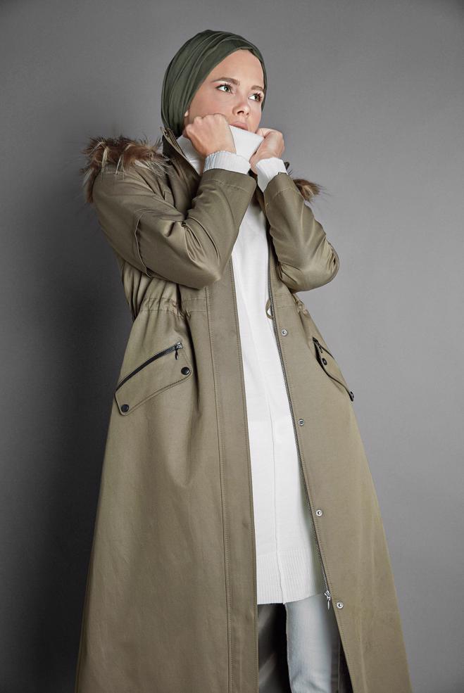 Vêtements hijab  PARKA ZIPPÉ À CAPUCHE EN PEAU DE MOUTON 90006 - ALVİNA