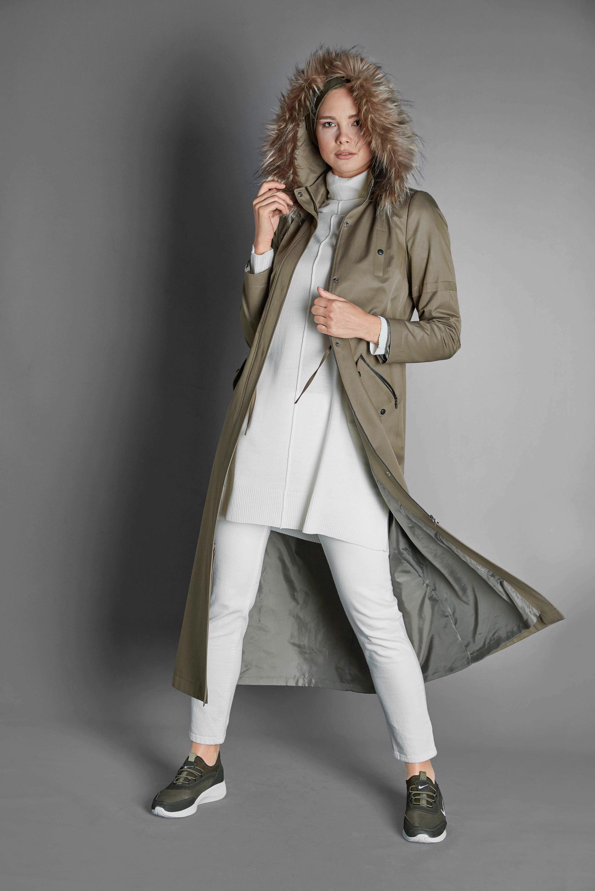 Hijab clothing KHAKI ZIPPED SNAP DETAILED FAUX-FUR-TRIM HOODED COAT 90006