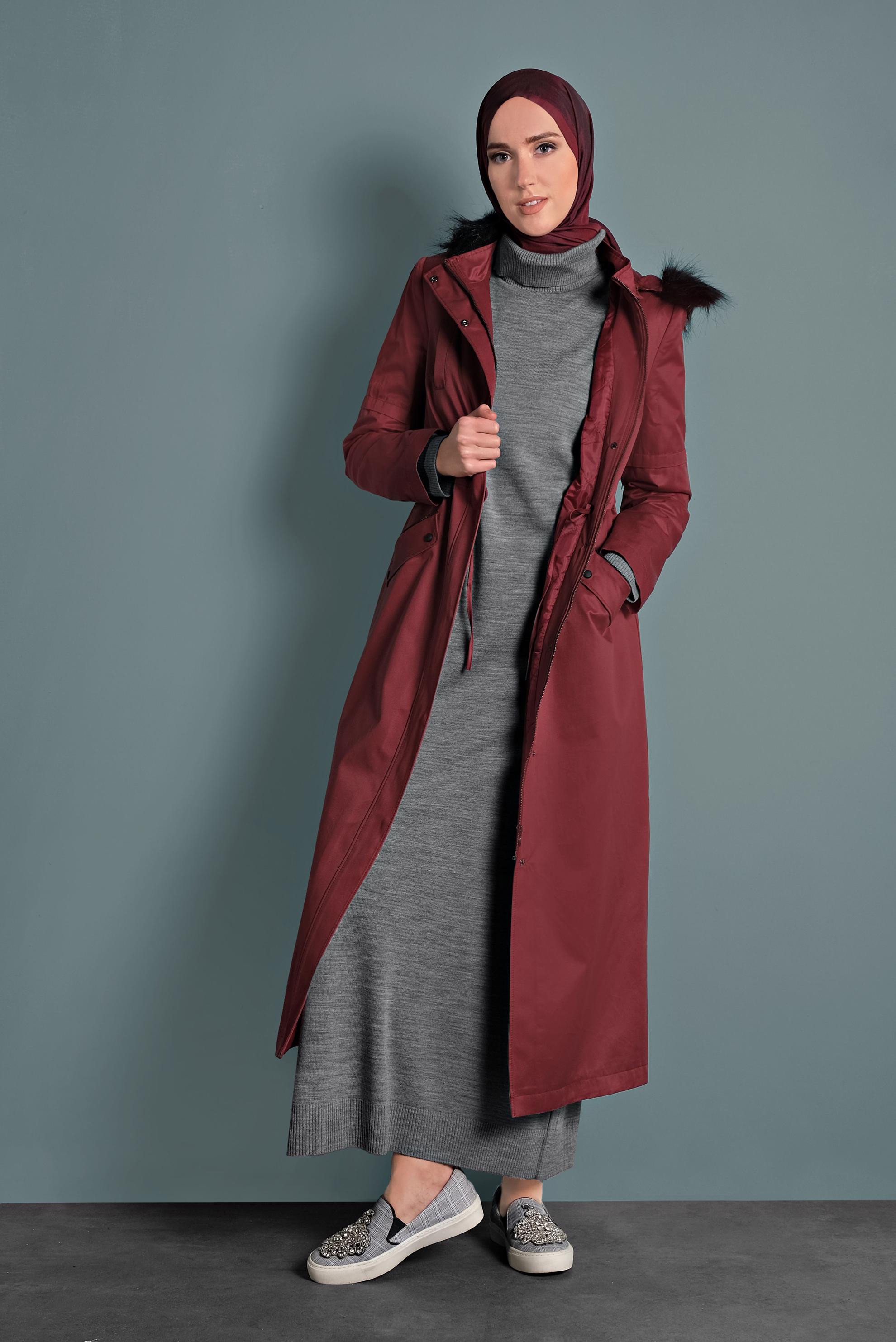 Tesettür giyim BORDO ÇITÇITLI VE FERMUARLI KÜRKLÜ KAPÜŞONLU PARKA 90006 