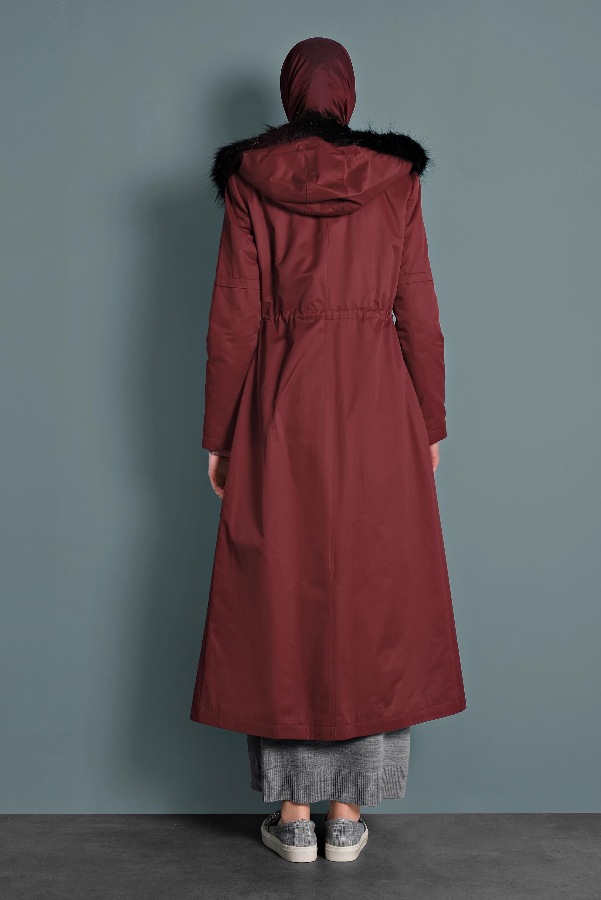 Tesettür giyim BORDO ÇITÇITLI VE FERMUARLI KÜRKLÜ KAPÜŞONLU PARKA 90006 