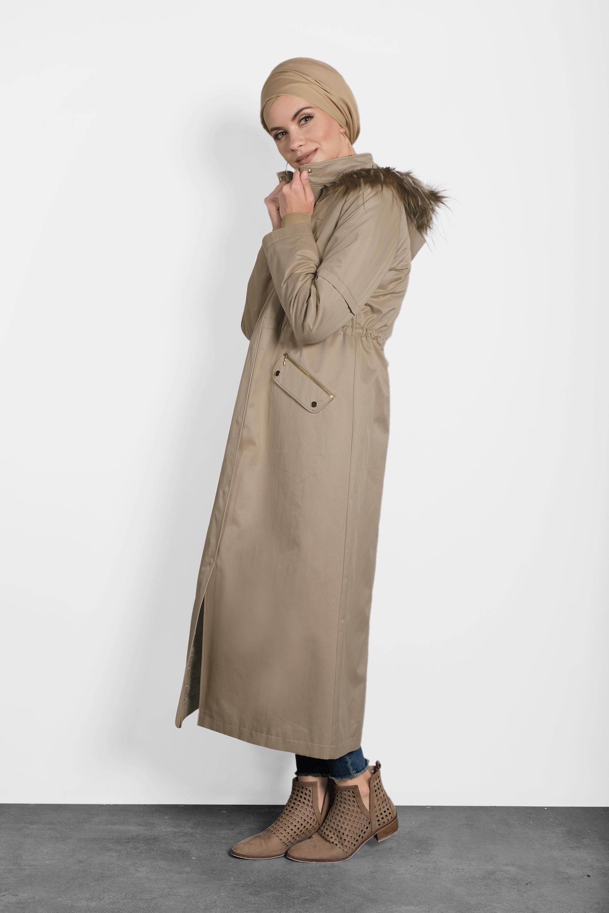 Tesettür giyim KAHVE ÇITÇITLI VE FERMUARLI KÜRKLÜ KAPÜŞONLU PARKA 90006 