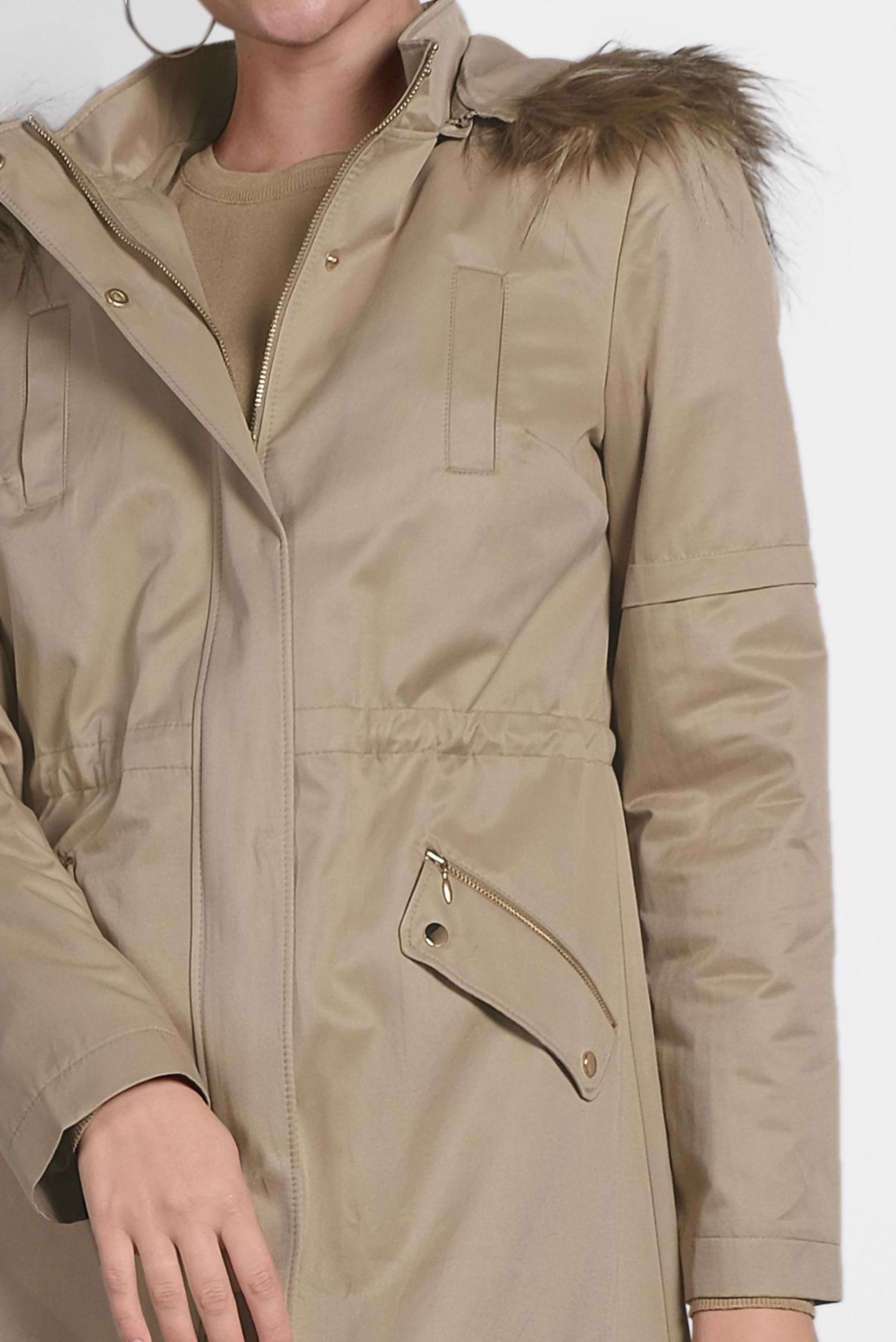 Tesettür giyim KAHVE ÇITÇITLI VE FERMUARLI KÜRKLÜ KAPÜŞONLU PARKA 90006 