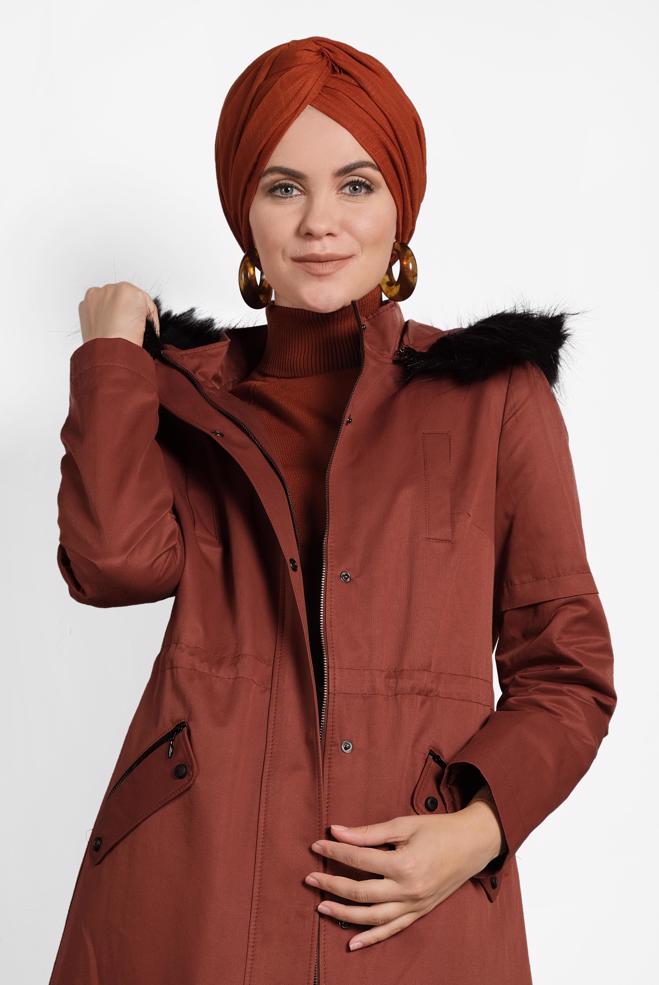 Vêtements hijab  PARKA ZIPPÉ À CAPUCHE EN PEAU DE MOUTON 90006 - ALVİNA