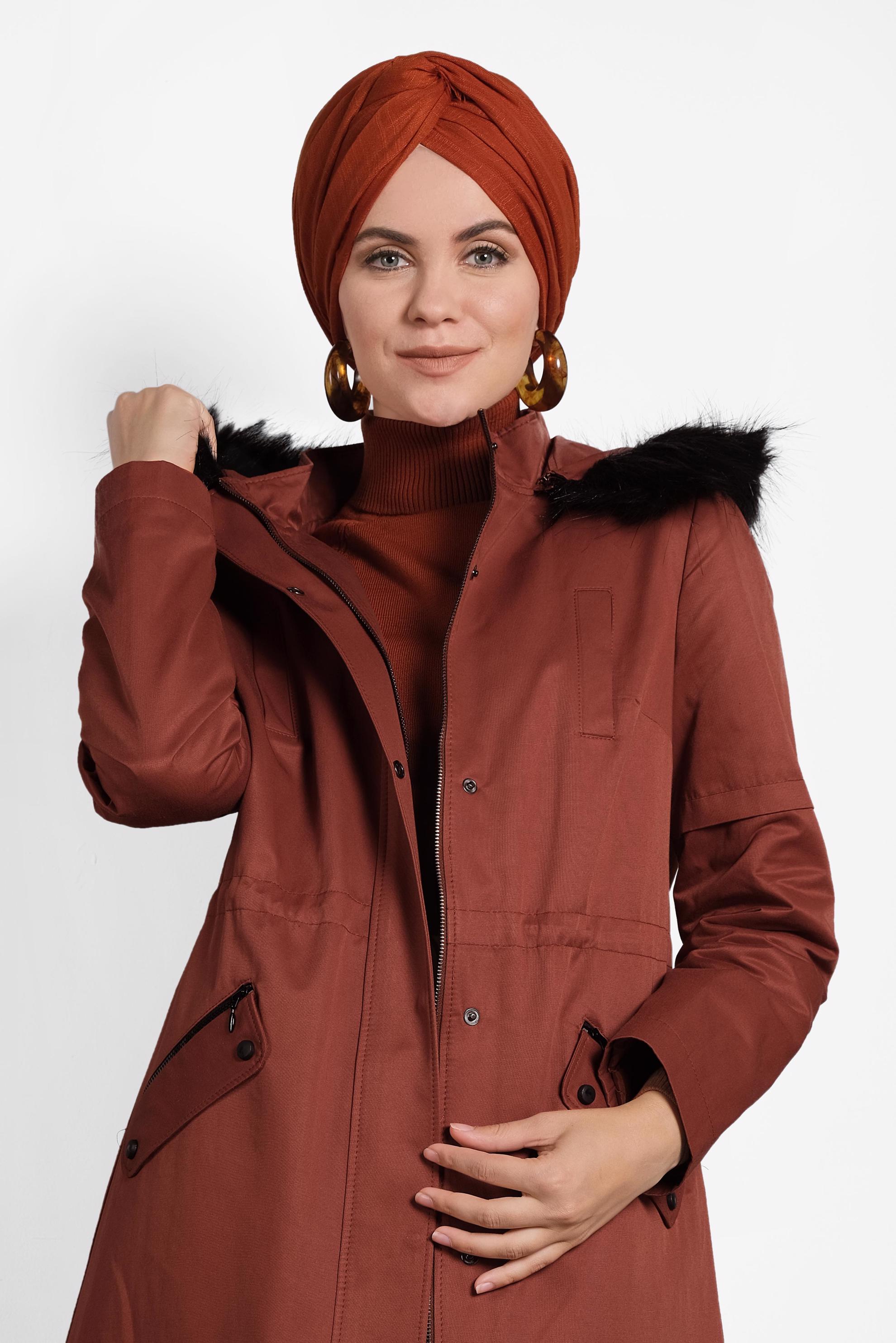 Vêtements hijab ORANGE PARKA ZIPPÉ À CAPUCHE EN PEAU DE MOUTON 90006