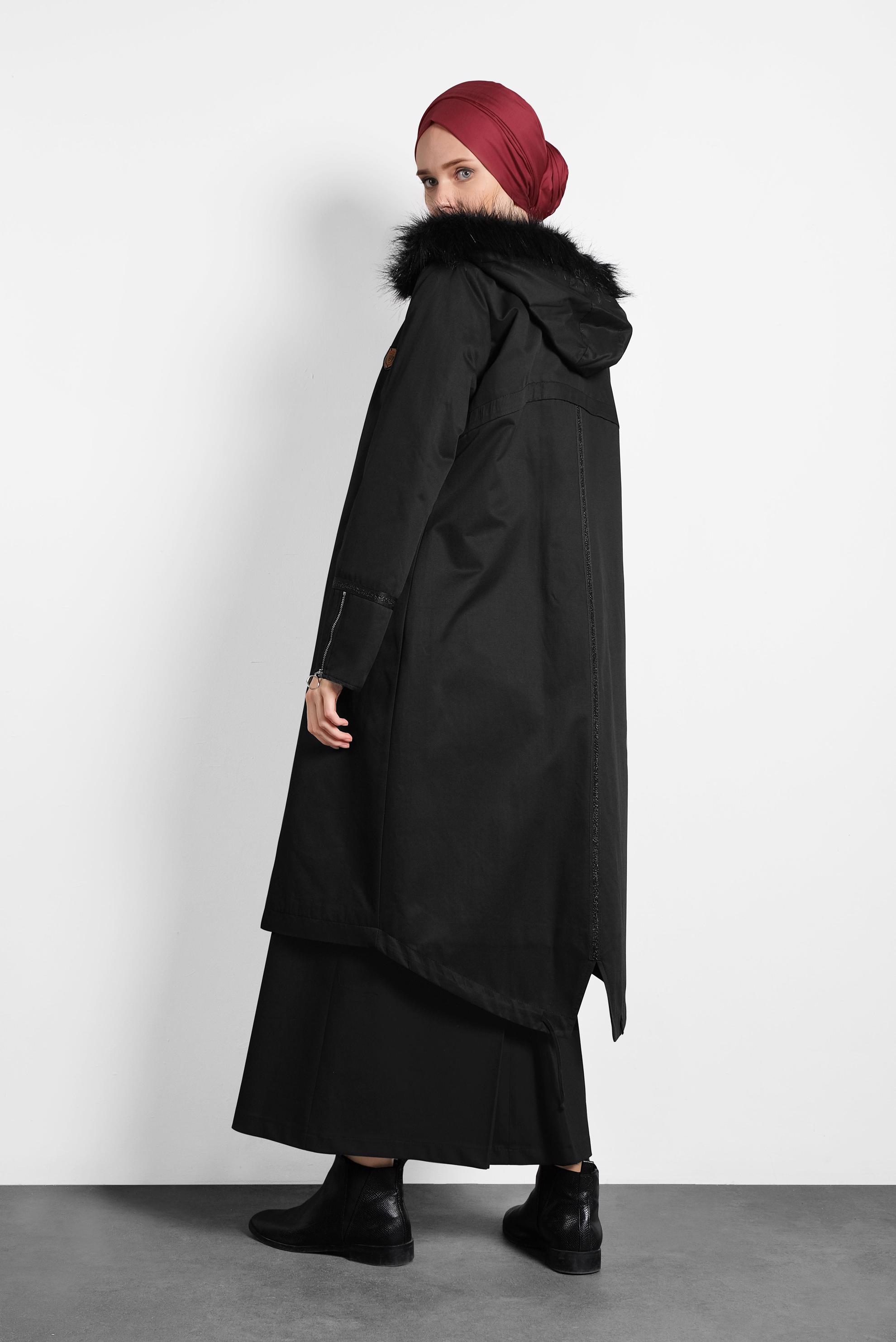 Tesettür giyim SİYAH FERMUARLI ÇITÇITLI KÜRKLÜ KAPÜŞONLU PARKA 90011 