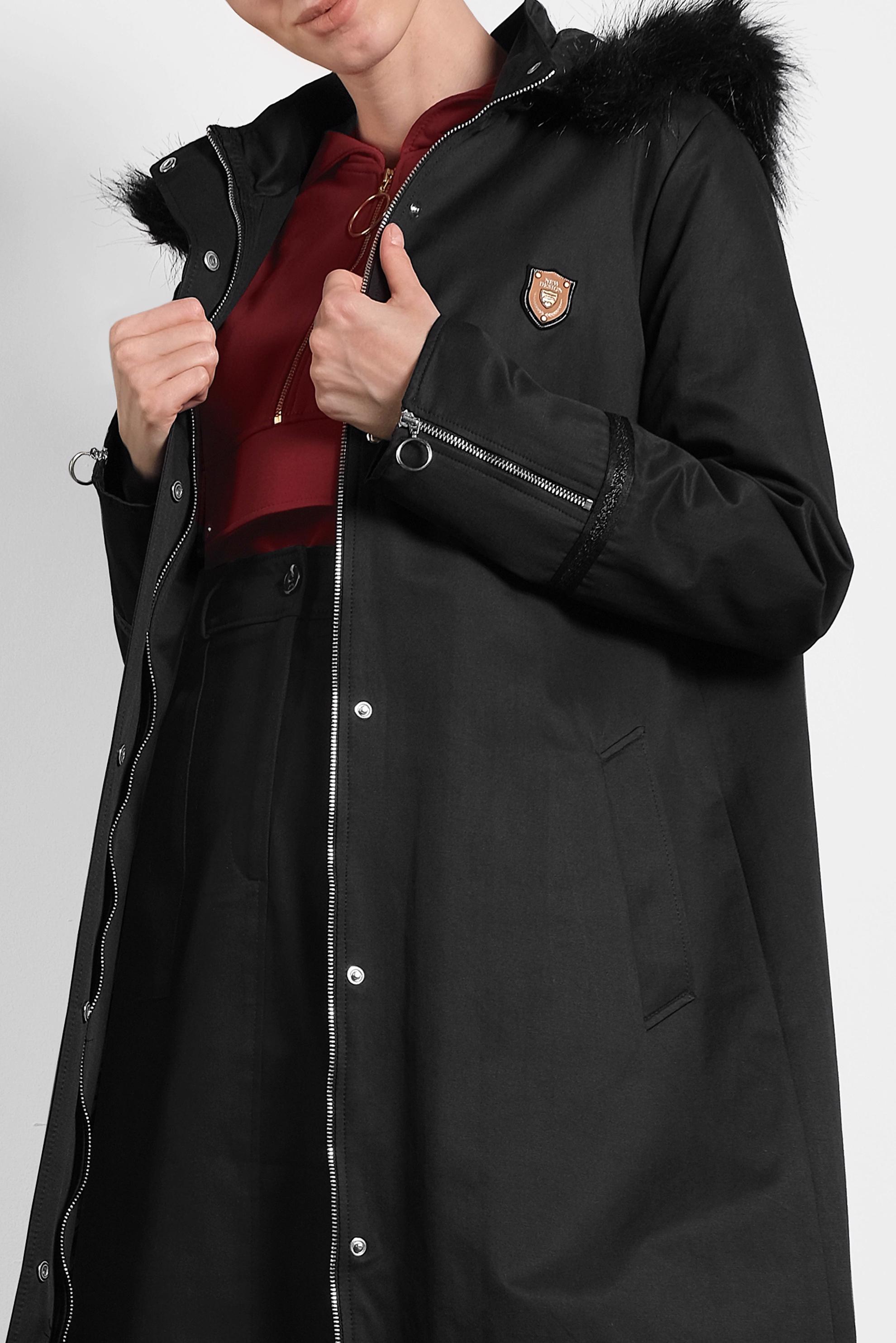 Tesettür giyim SİYAH FERMUARLI ÇITÇITLI KÜRKLÜ KAPÜŞONLU PARKA 90011 