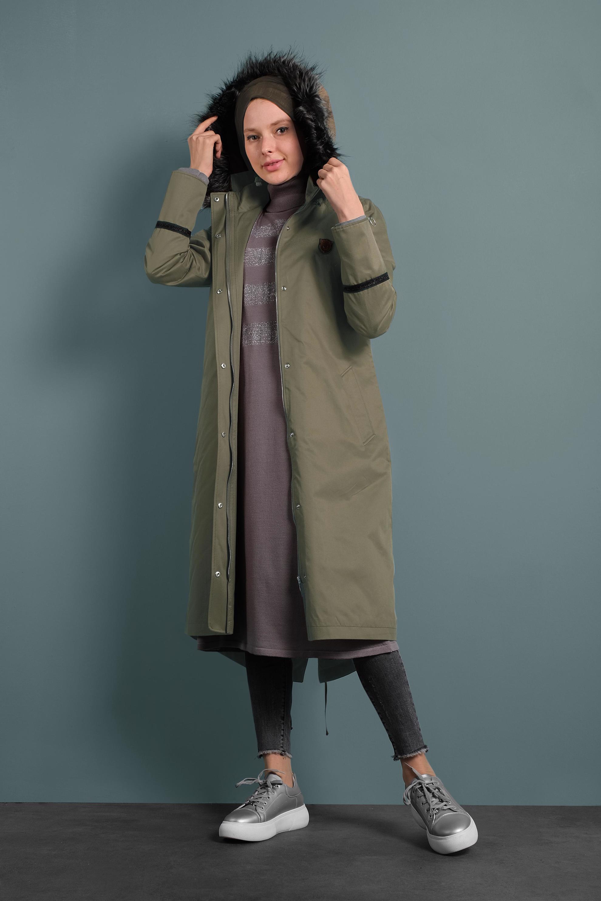 Hijab clothing KHAKI ZIPPED FAUX-FUR-TRIM HOODED PARKA 90011 