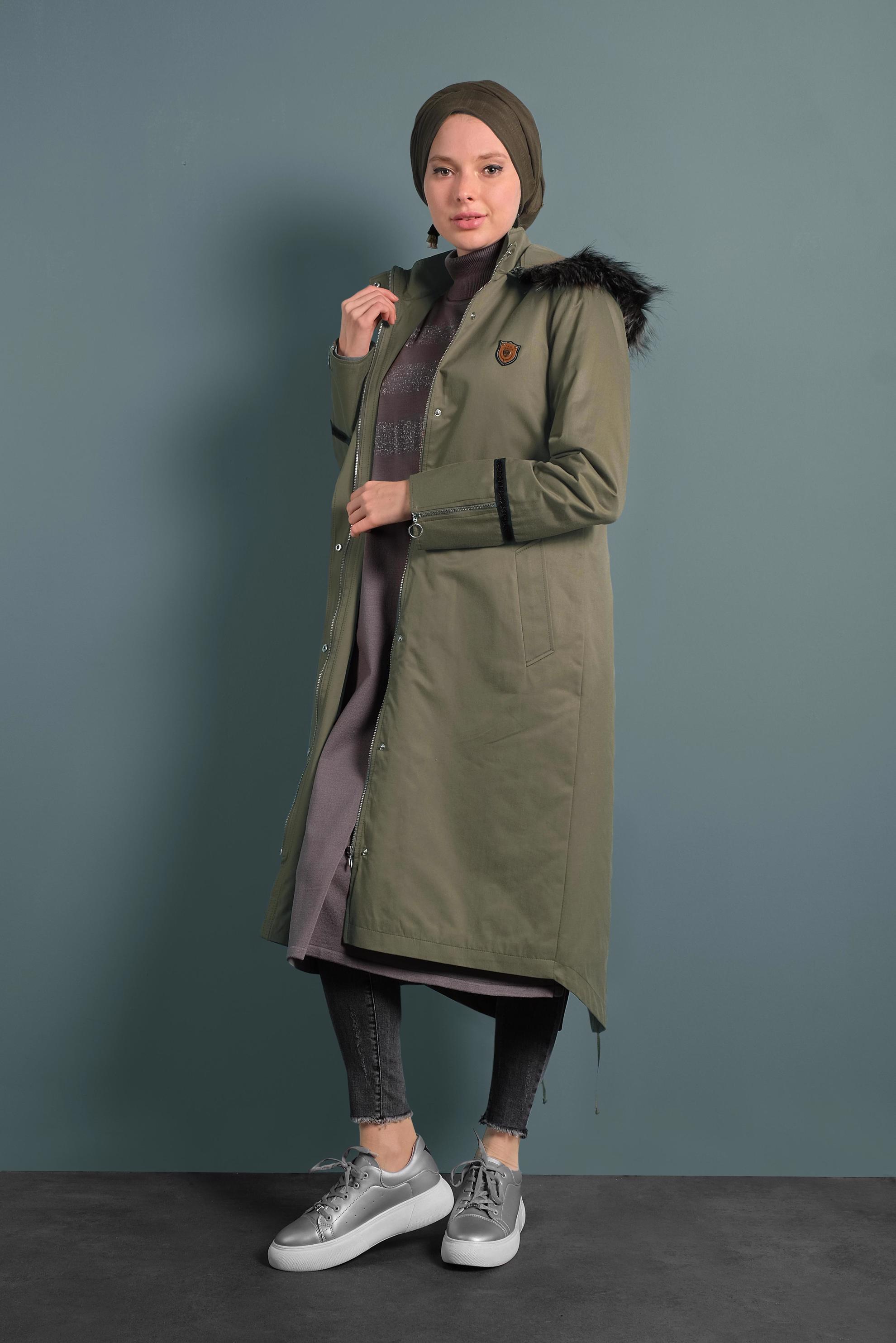Hijab clothing KHAKI ZIPPED FAUX-FUR-TRIM HOODED PARKA 90011 