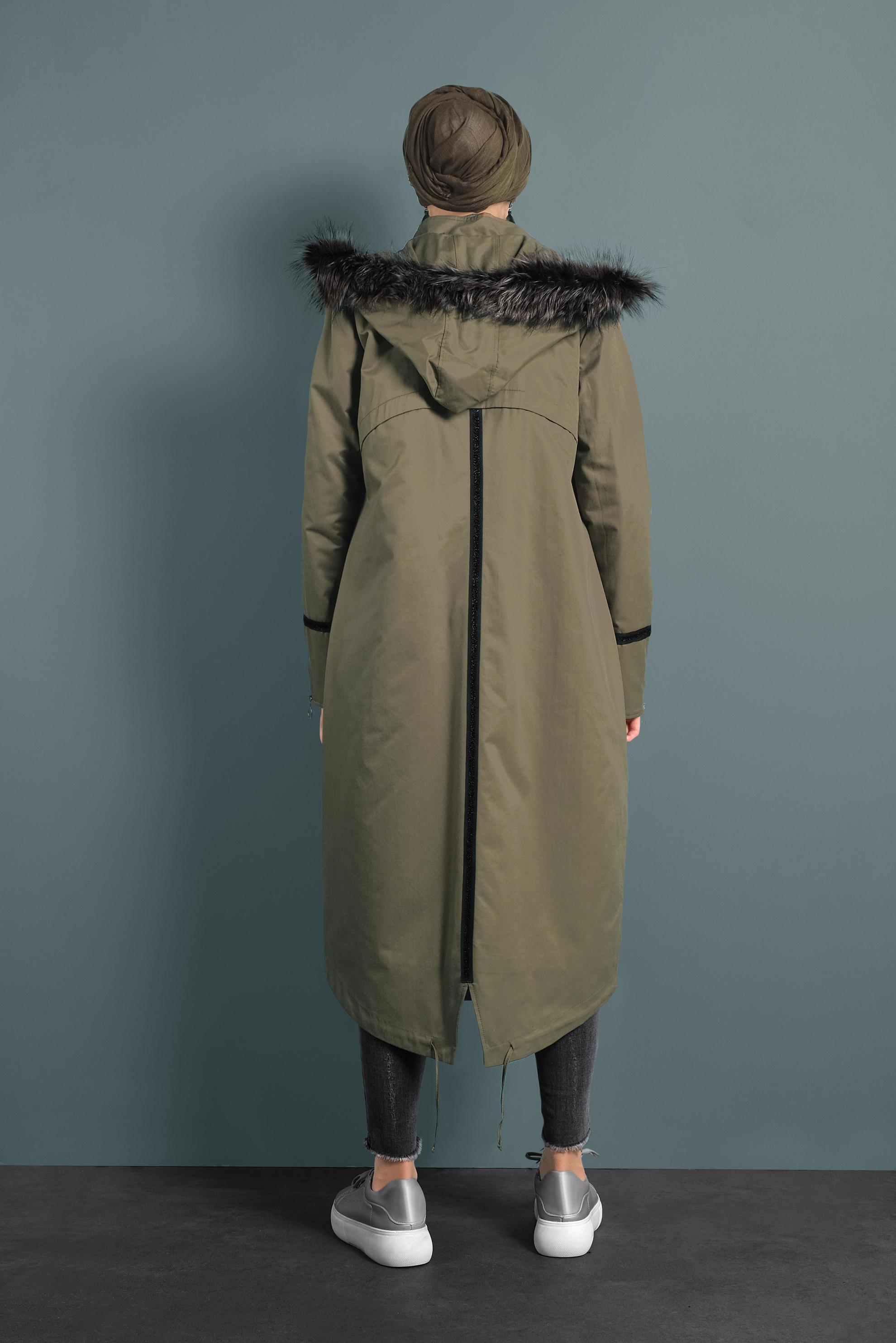 Hijab clothing KHAKI ZIPPED FAUX-FUR-TRIM HOODED PARKA 90011 