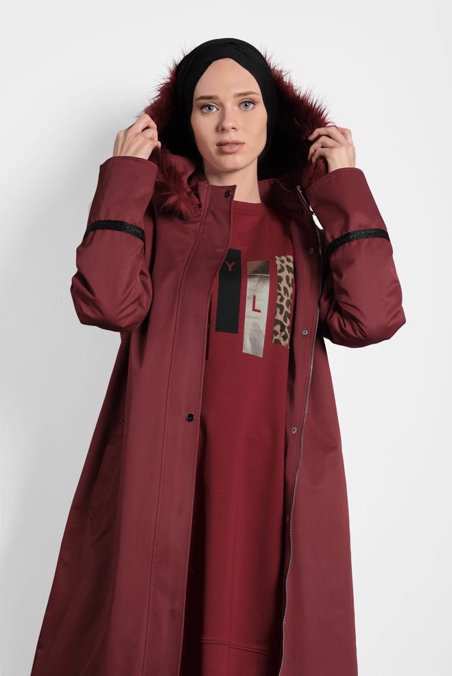 Vêtements hijab  PARKA ZIPPÉ À CAPUCHE À PEAU DE MOUTON 90011  - ALVİNA