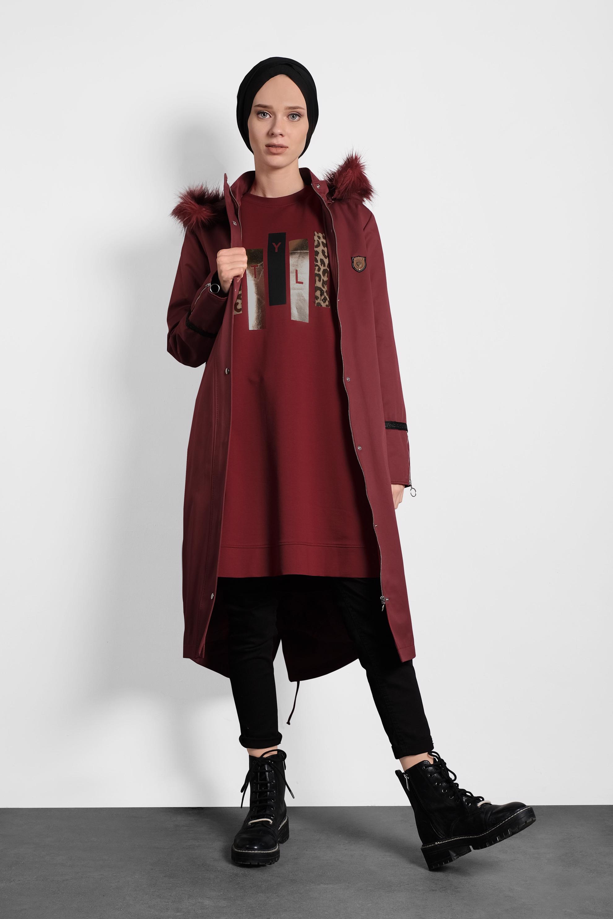 Tesettür giyim BORDO FERMUARLI ÇITÇITLI KÜRKLÜ KAPÜŞONLU PARKA 90011 
