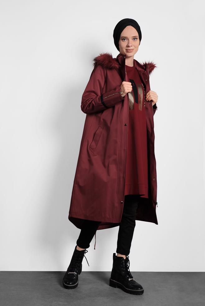 Tesettür giyim BORDO FERMUARLI ÇITÇITLI KÜRKLÜ KAPÜŞONLU PARKA 90011  - ALVİNA