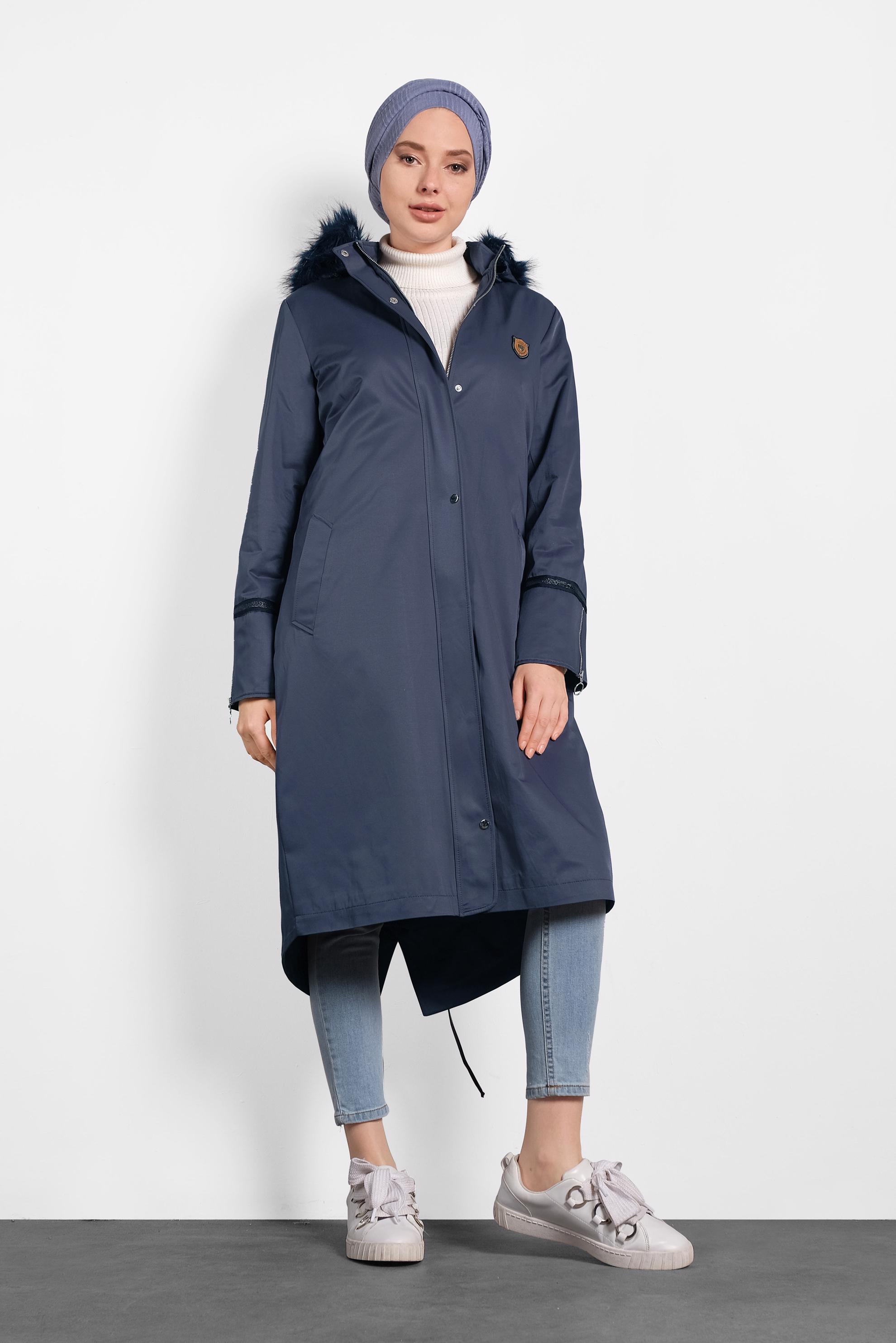 Tesettür giyim LACİVERT FERMUARLI ÇITÇITLI KÜRKLÜ KAPÜŞONLU PARKA 90011 