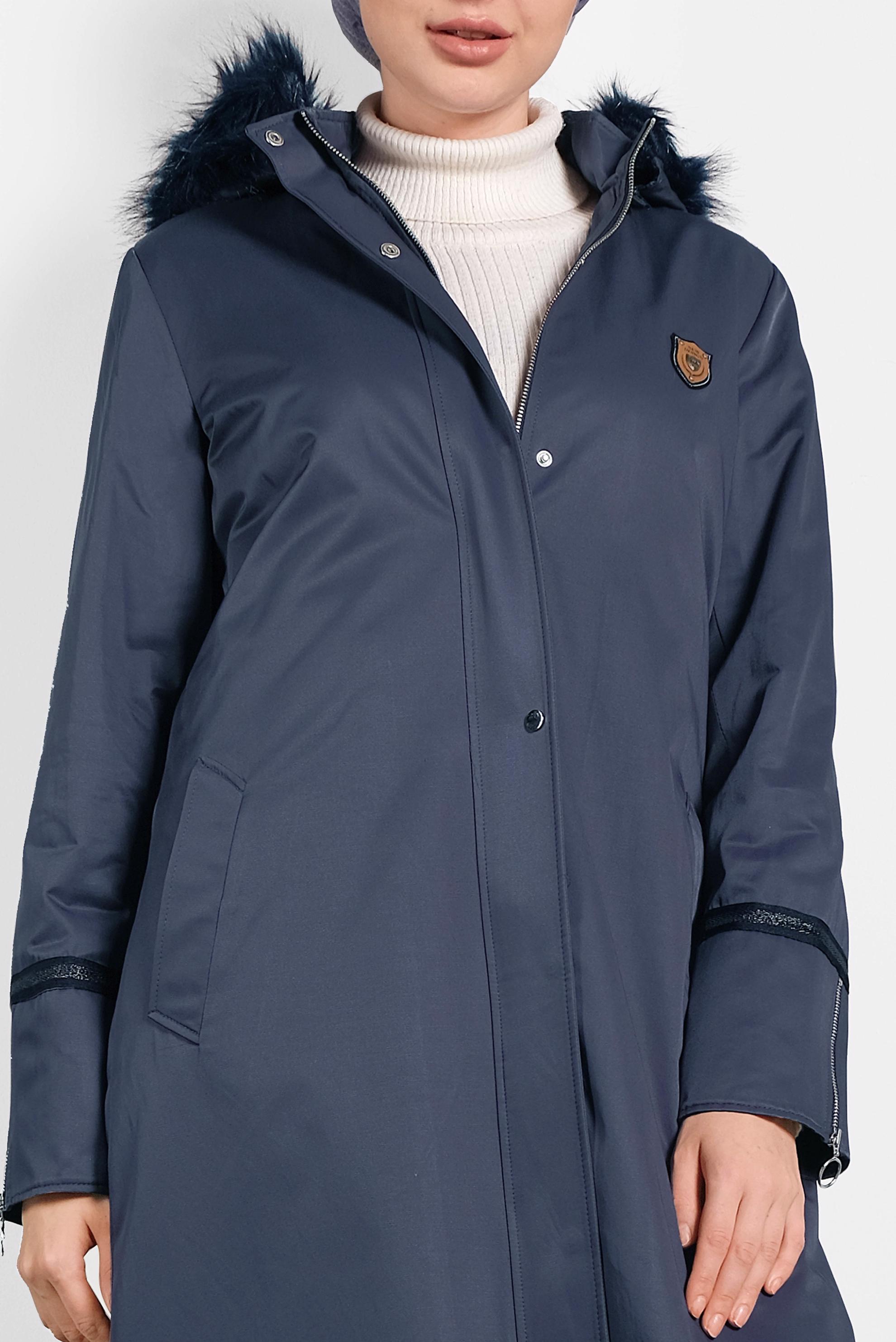 Tesettür giyim LACİVERT FERMUARLI ÇITÇITLI KÜRKLÜ KAPÜŞONLU PARKA 90011 