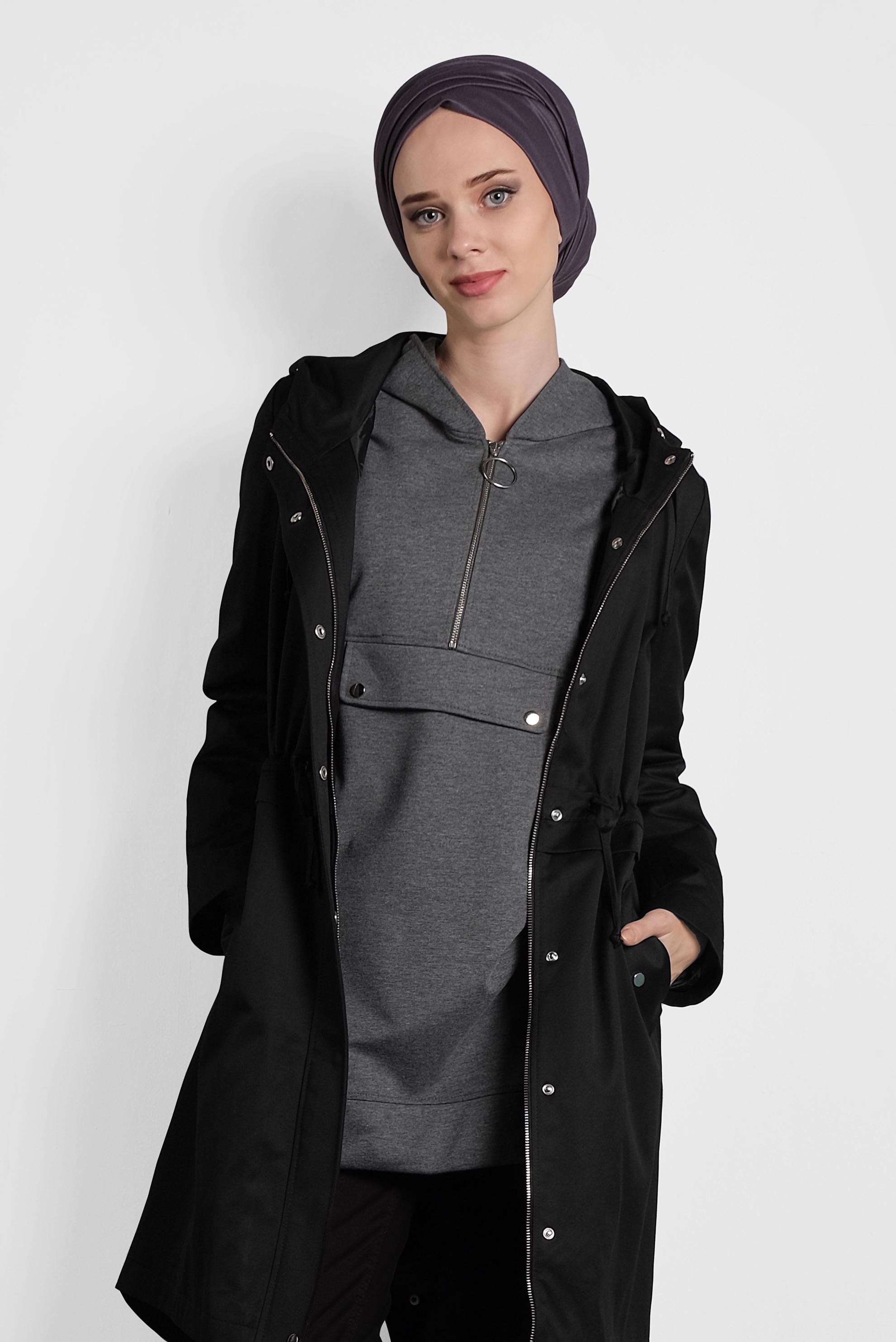 Tesettür giyim SİYAH CEPLİ KAPÜŞONLU PARKA 90018
