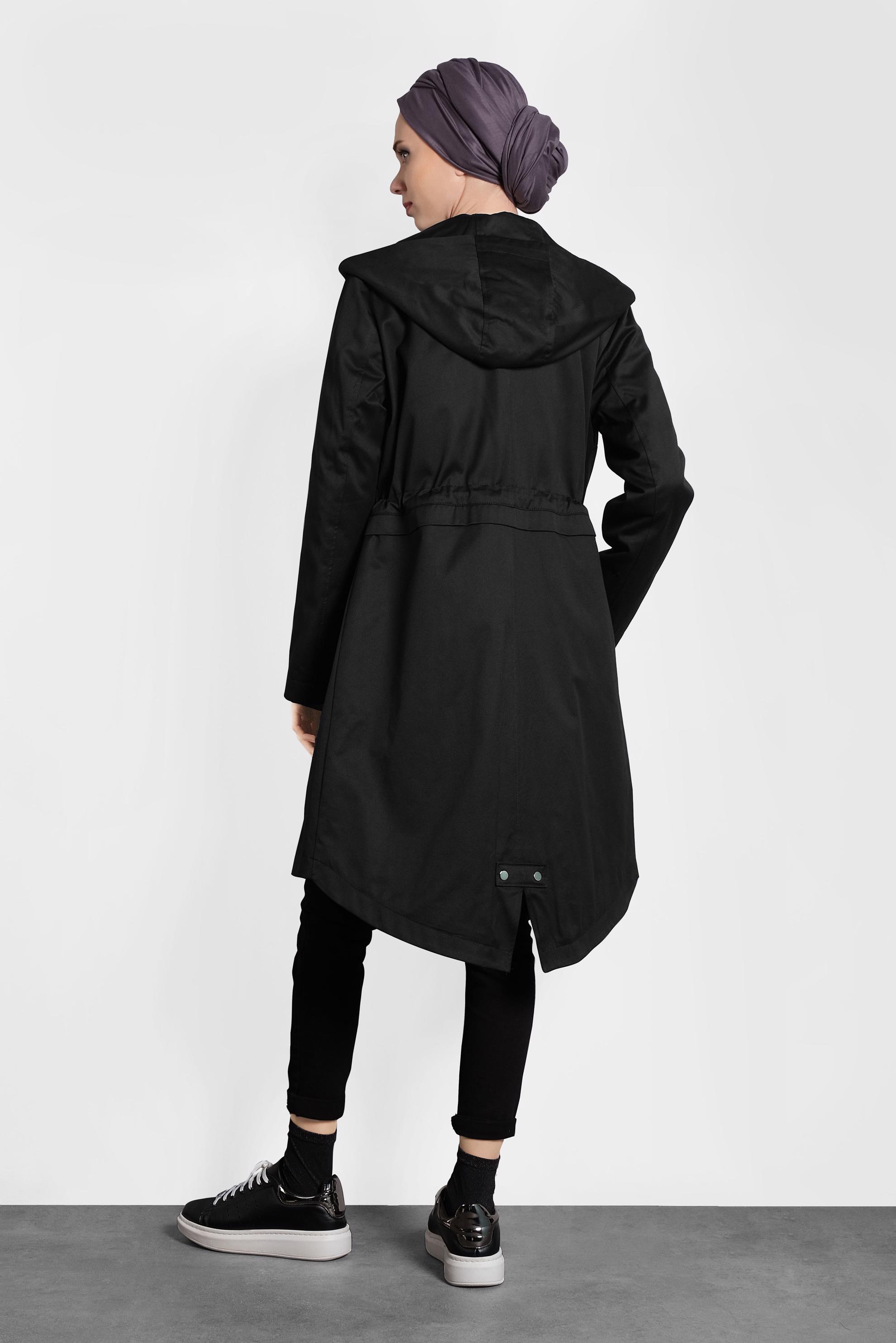 Tesettür giyim SİYAH CEPLİ KAPÜŞONLU PARKA 90018